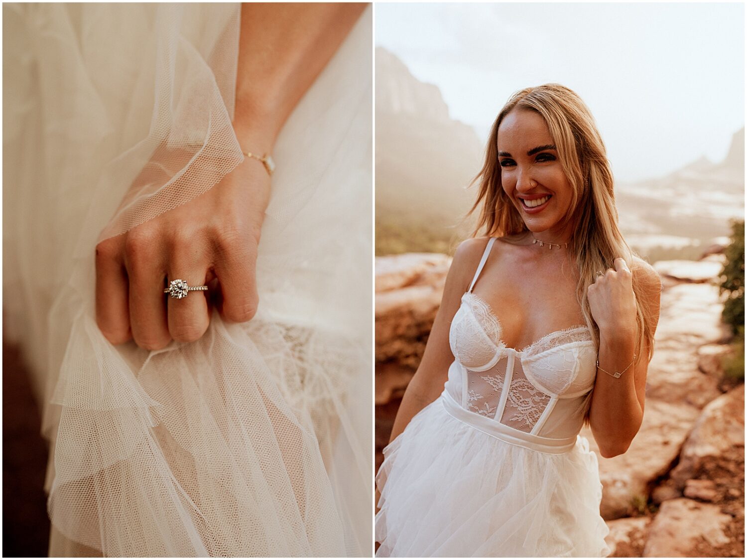A woman shows off her engagement ring in Sedona engagement photos.