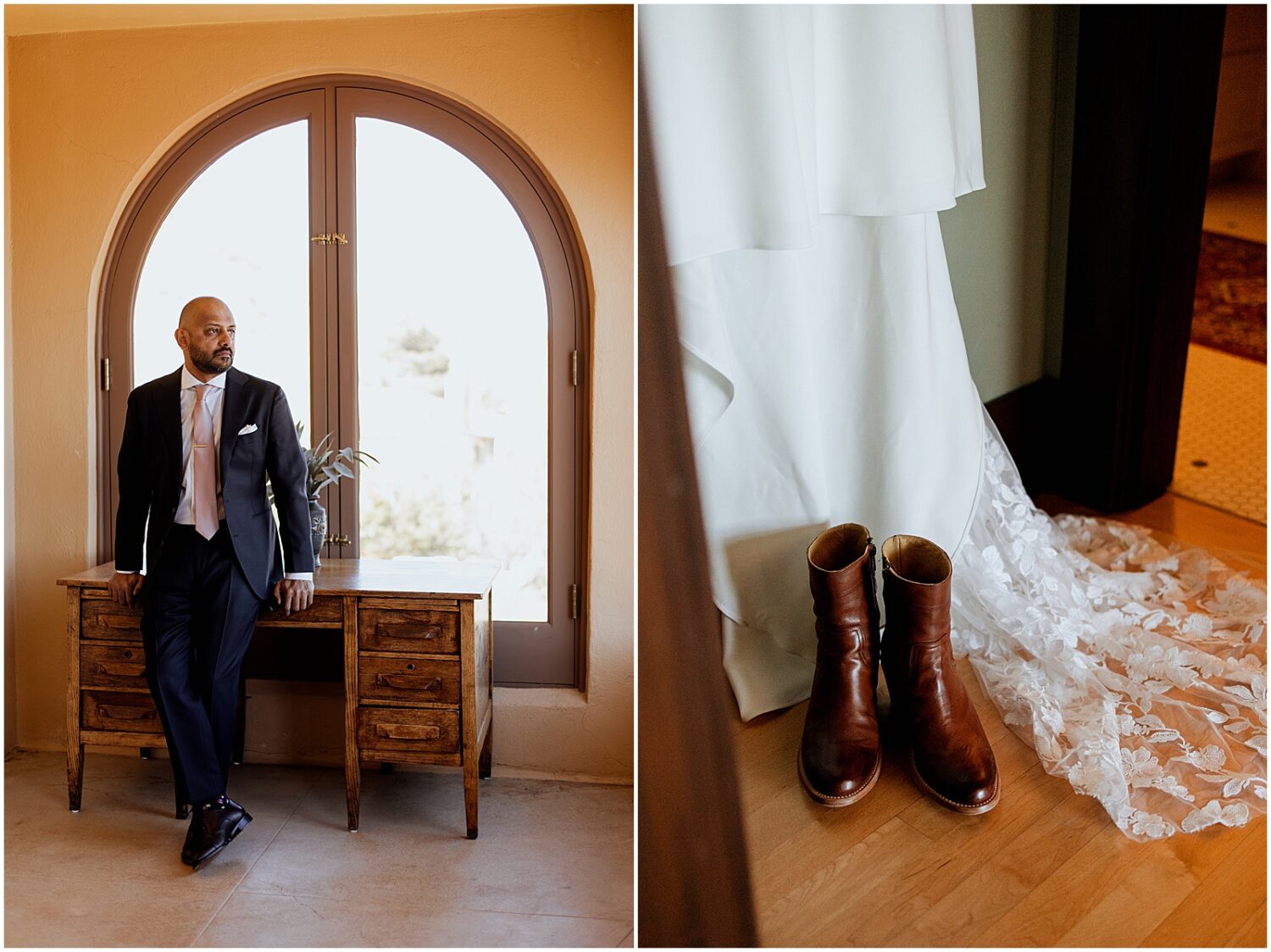 Boots sit beside a wedding dress at a Jerome wedding.