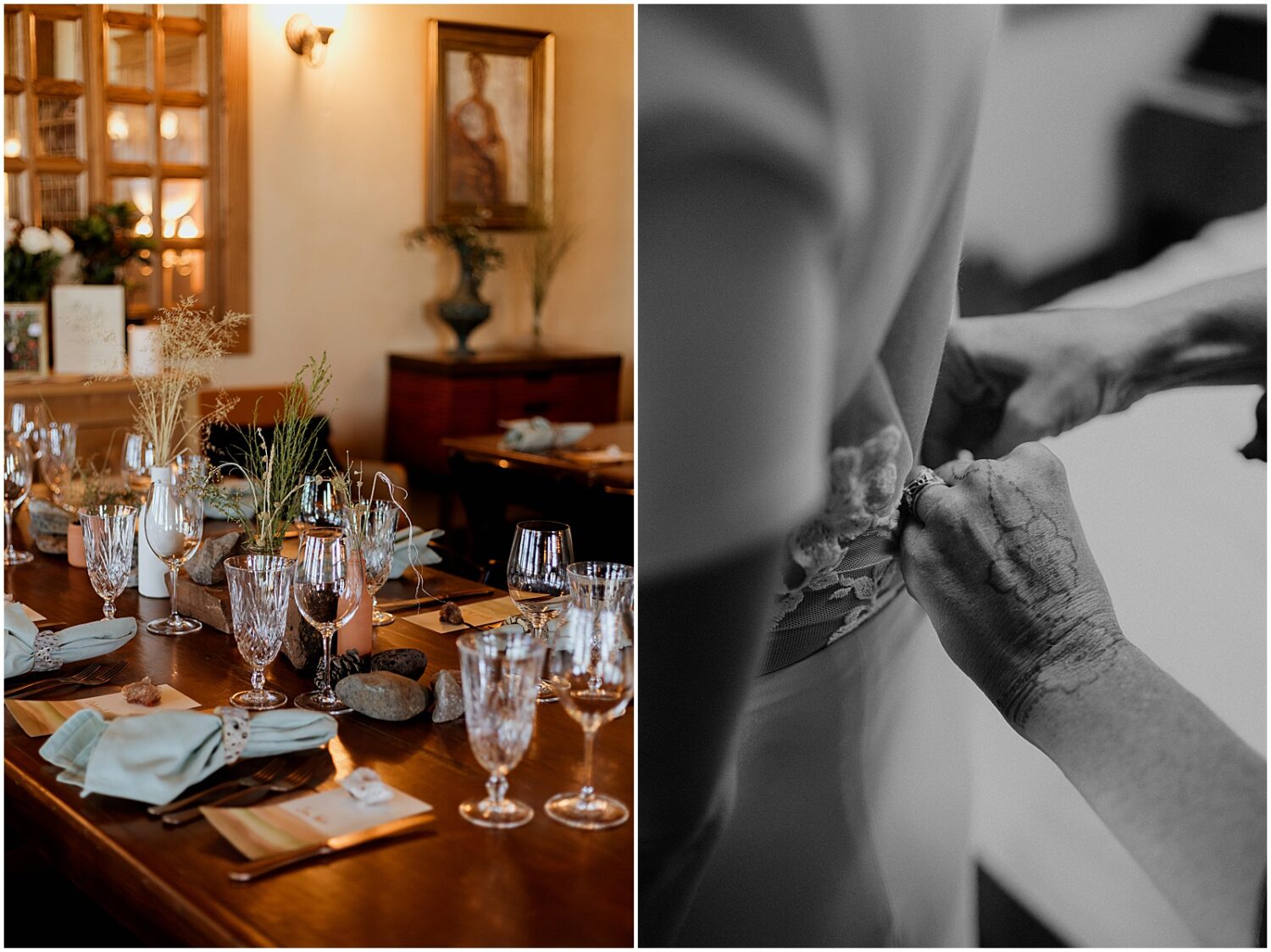 A bride's mother fastens her wedding dress.