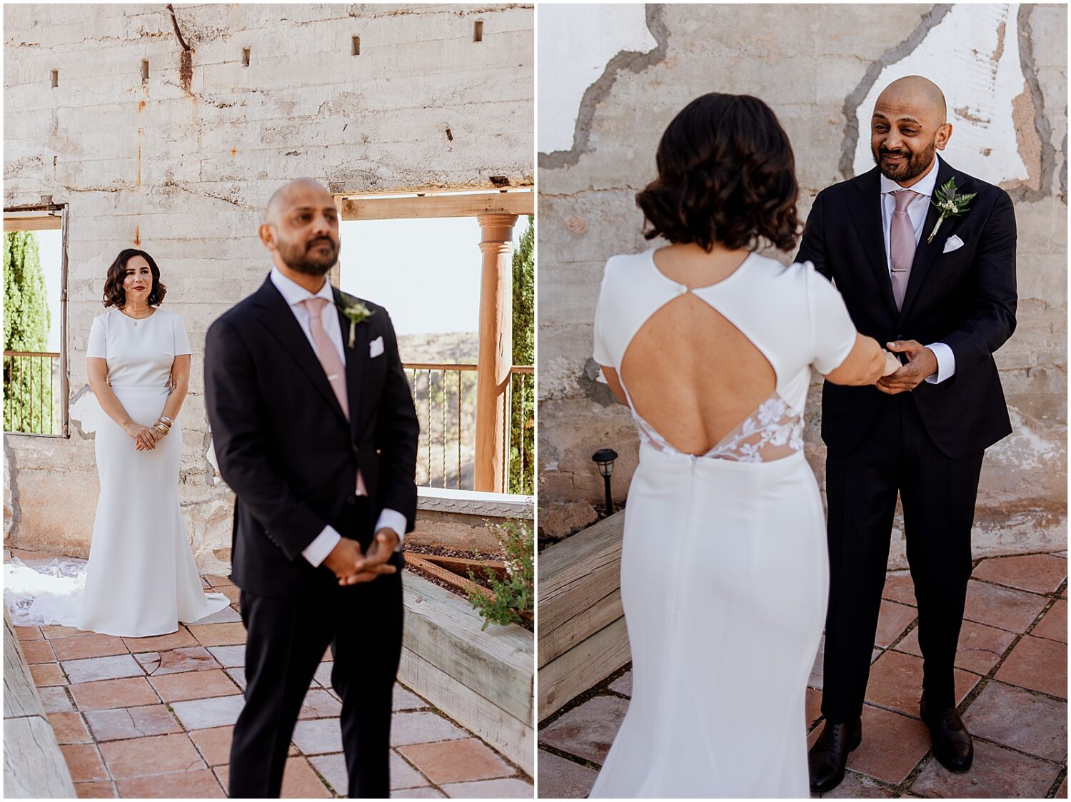 A bride approaches a groom for their first look at the Little Daisy Jerome.