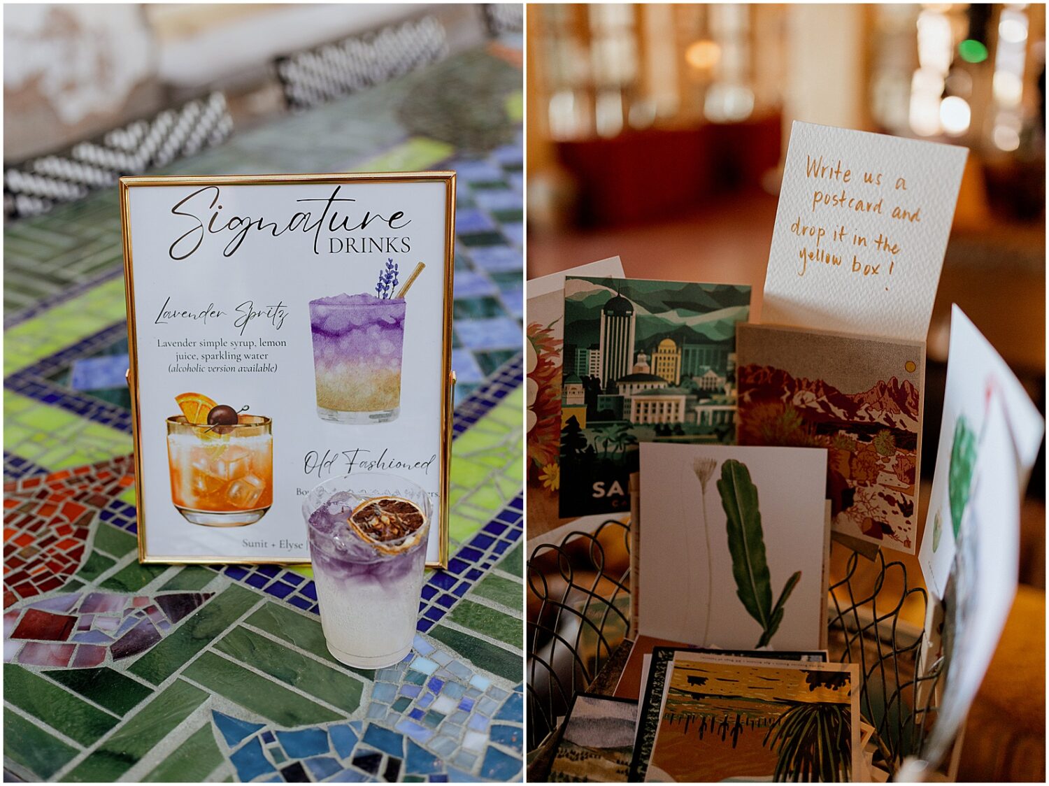 An illustrated bar sign lists custom wedding cocktails.