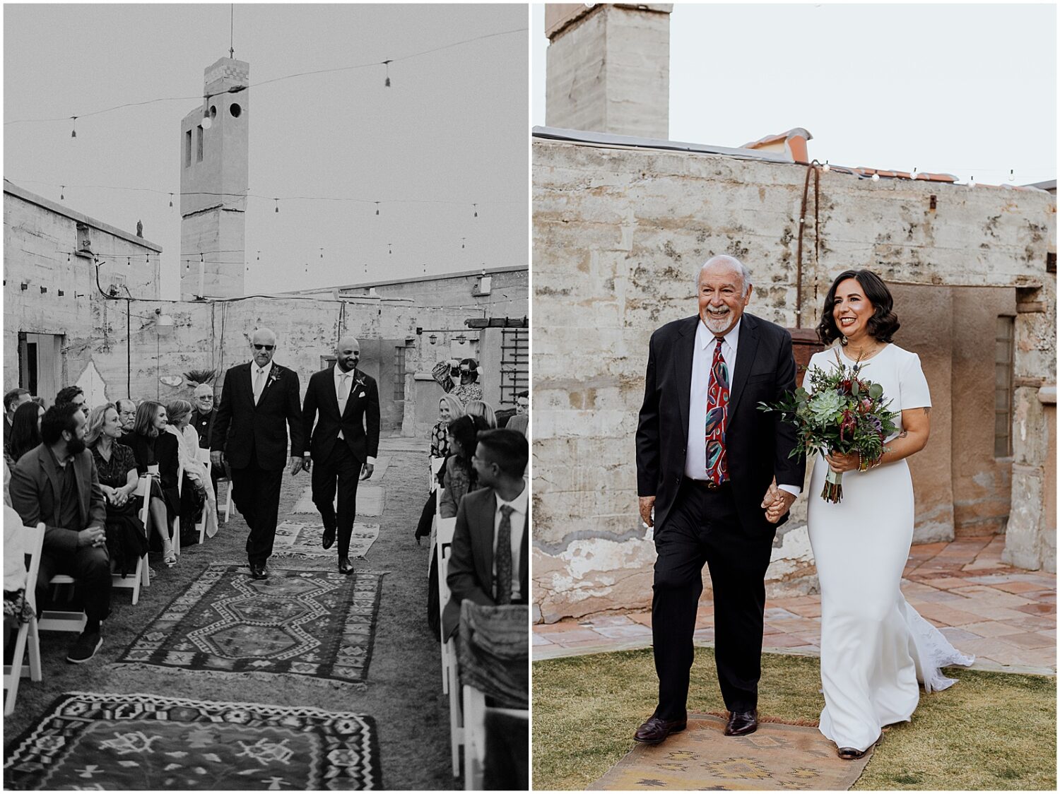 A bride's father walks her up the aisle at a rooftop wedding in Arizona.