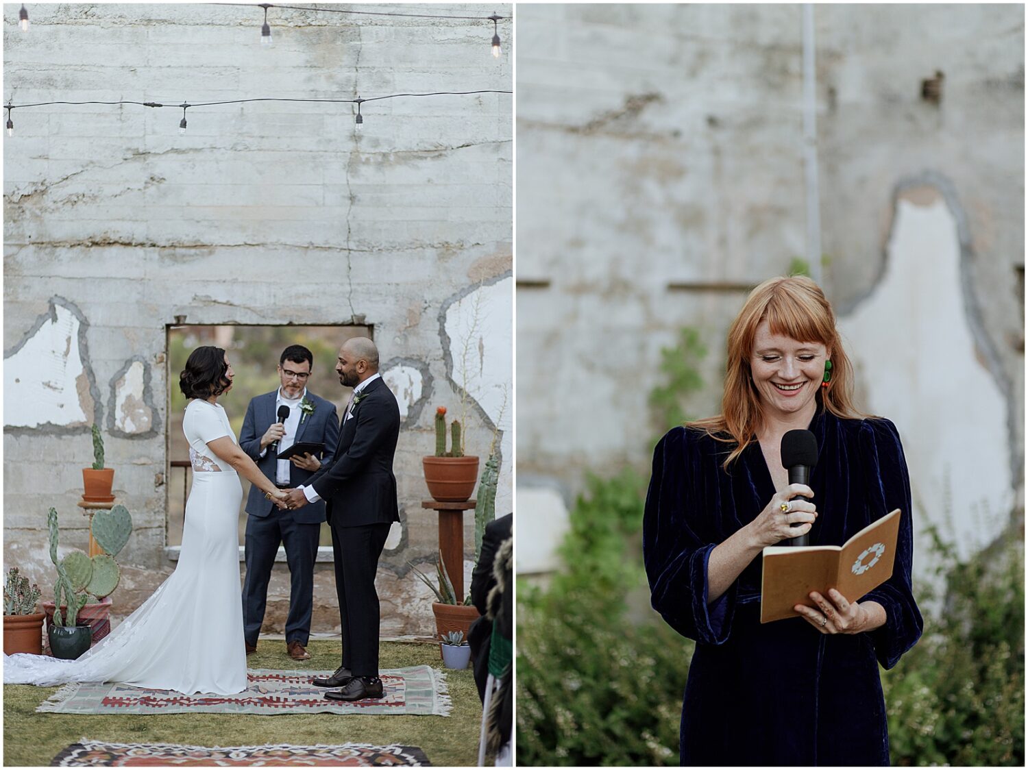 An officiant reads into a microphone at the Little Daisy Jerome.