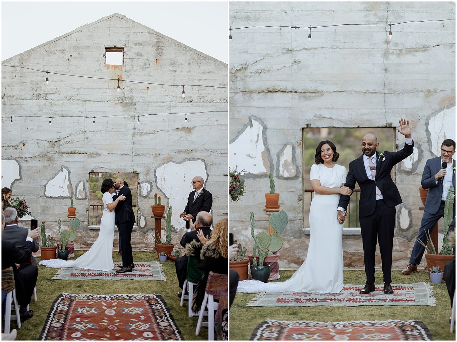 A bride and groom wave to guests at the end of a wedding at the Little Daisy Jerome.