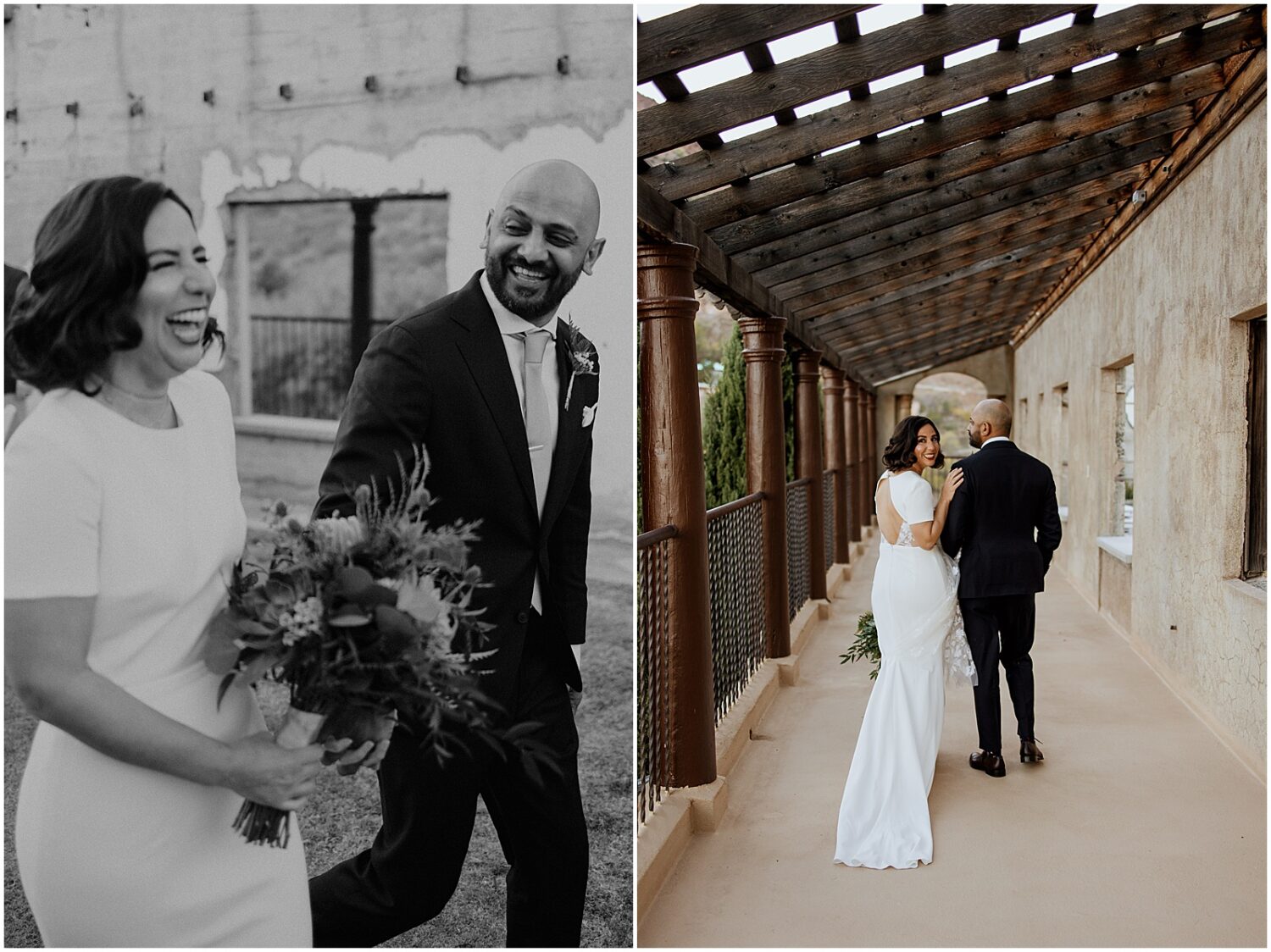 A bride and groom walk down a covered walkway at the Little Jerome Daisy.