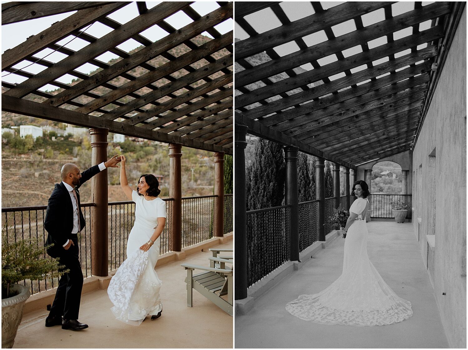 A groom spins a bride on a patio at the Little Daisy Jerome.