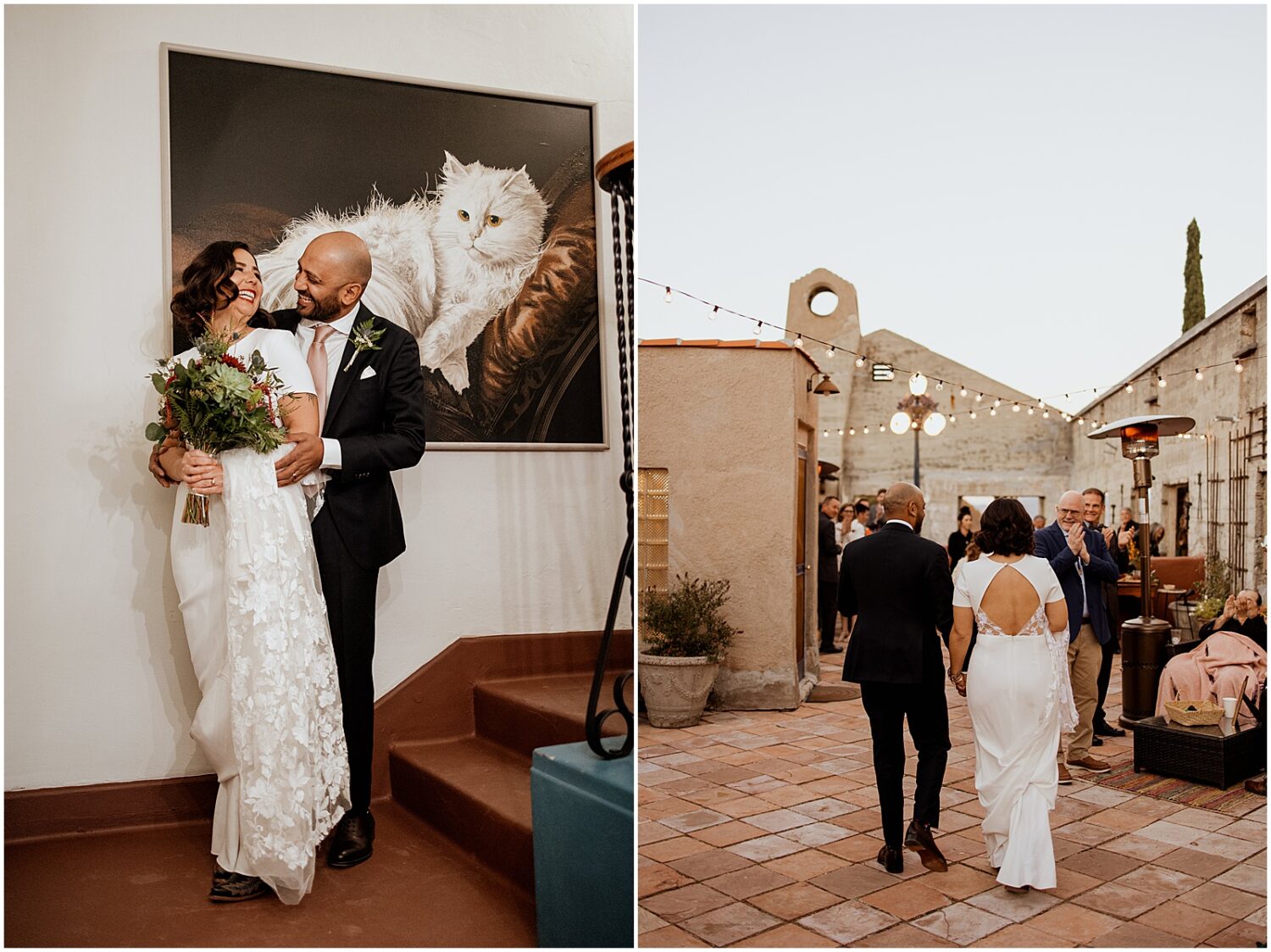 A bride and groom pose in front of a painting of a cat.