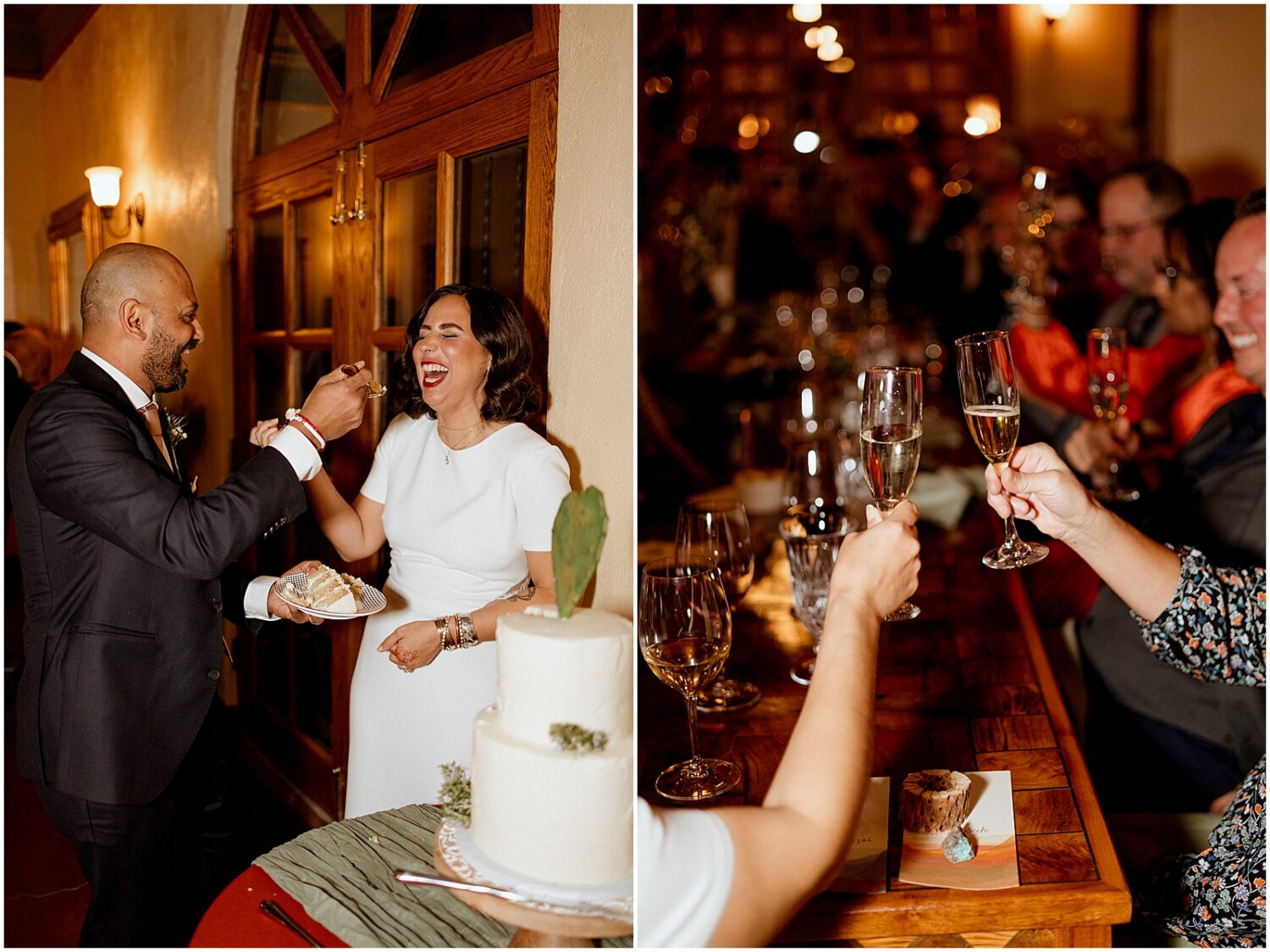 A bride clinks glasses with a wedding guest.