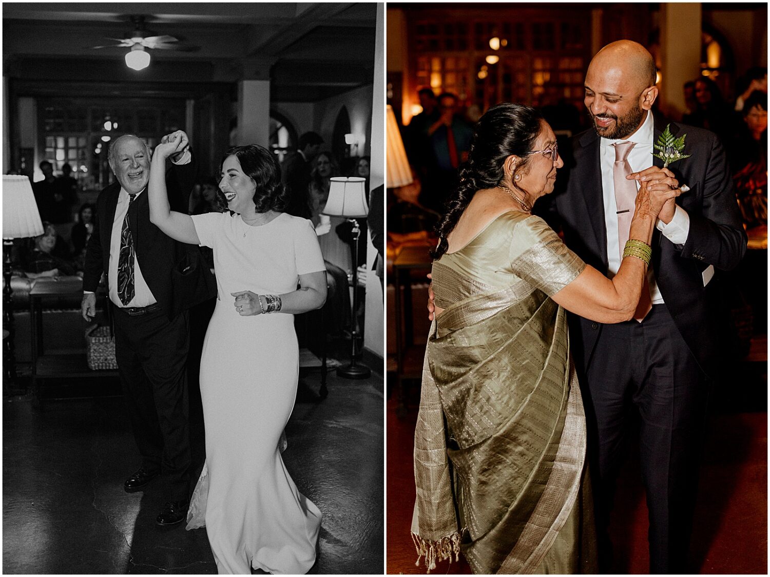 A bride and groom dance with their parents.