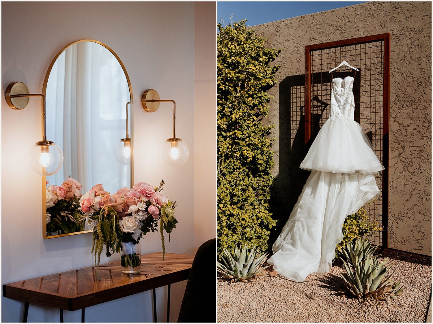 A wedding dress hangs beside a desert wedding venue.