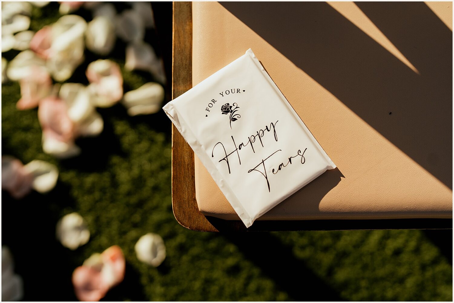 A handkerchief sits on a chair at a wedding ceremony at The Paseo.