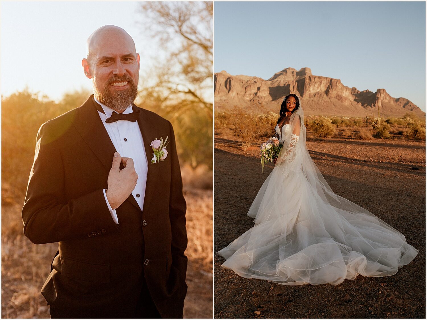A bride and groom pose at sunset for an Arizona wedding photographer.