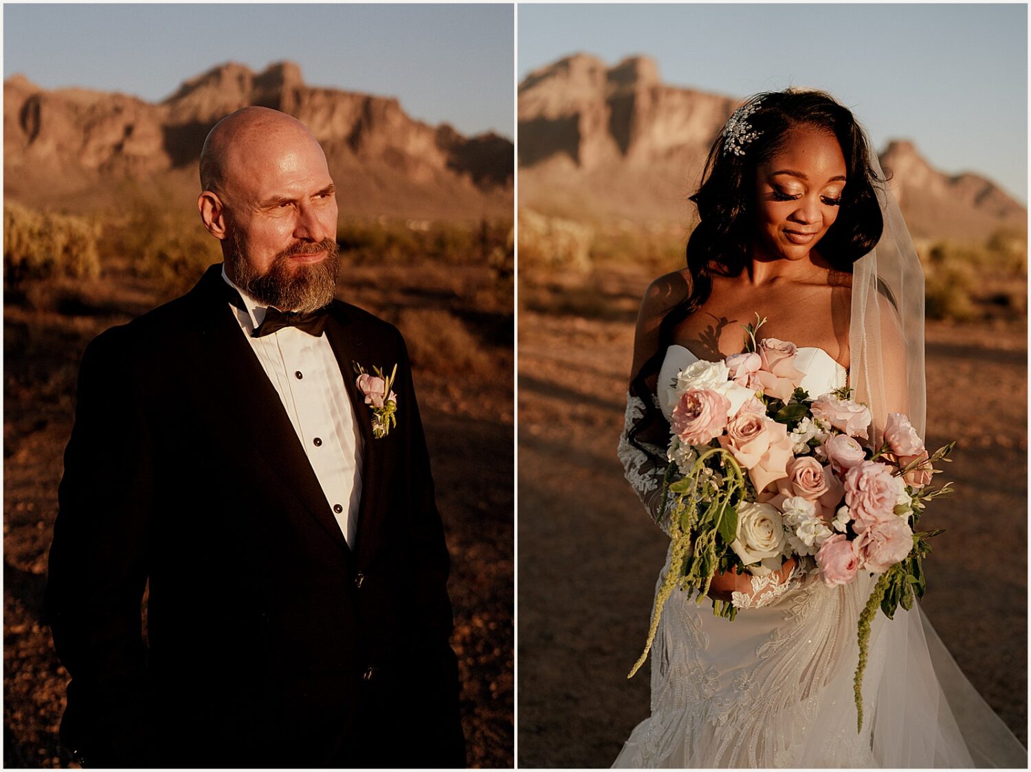 A bride and groom pose for wedding portraits in front of the Superstition Mountains.
