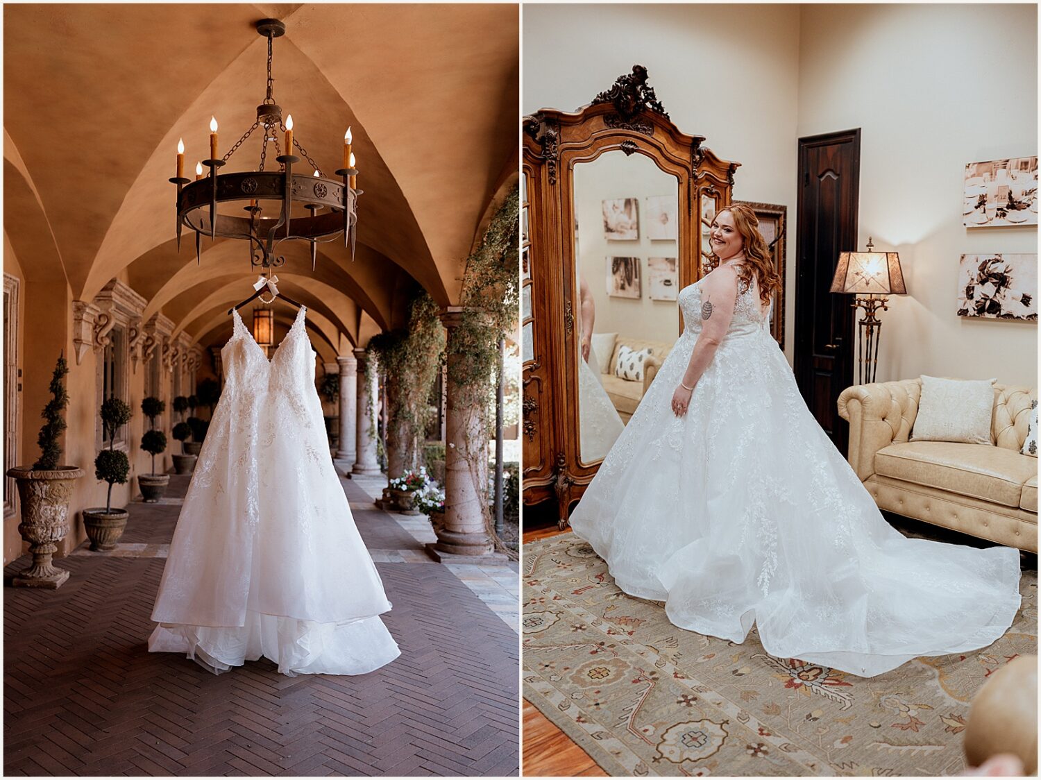 A wedding dress hangs from a chandelier at Villa Siena Arizona.