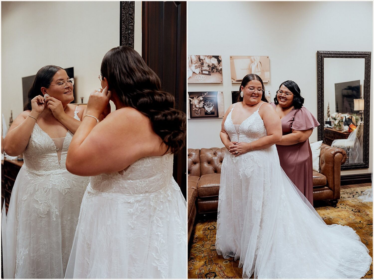 A bride puts on earrings in front of a mirror.