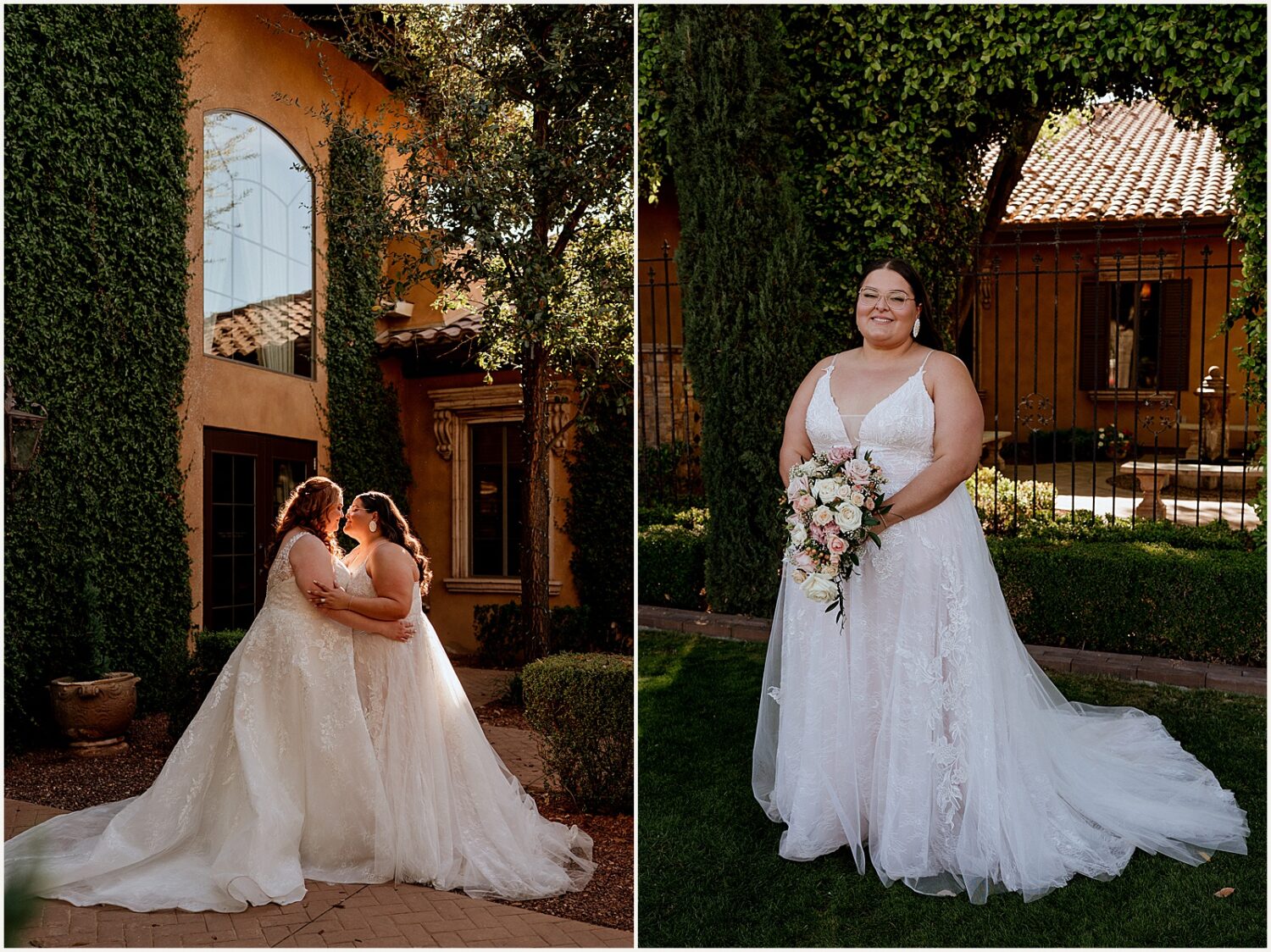 Two brides cuddle in a patch of sunlight at Villa Siena Arizona.