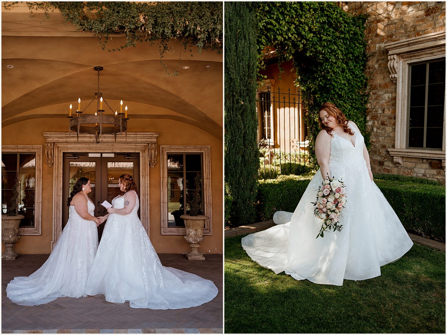 A bride poses for a wedding photo in the courtyard of an Arizona wedding venue.