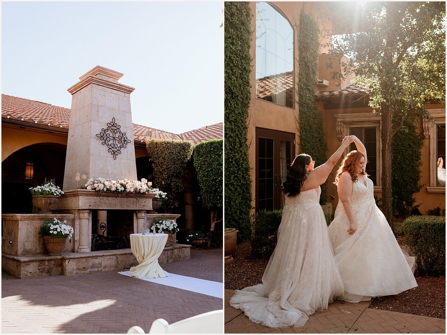 One bride twirls another in the courtyard at a Villa Siena wedding.