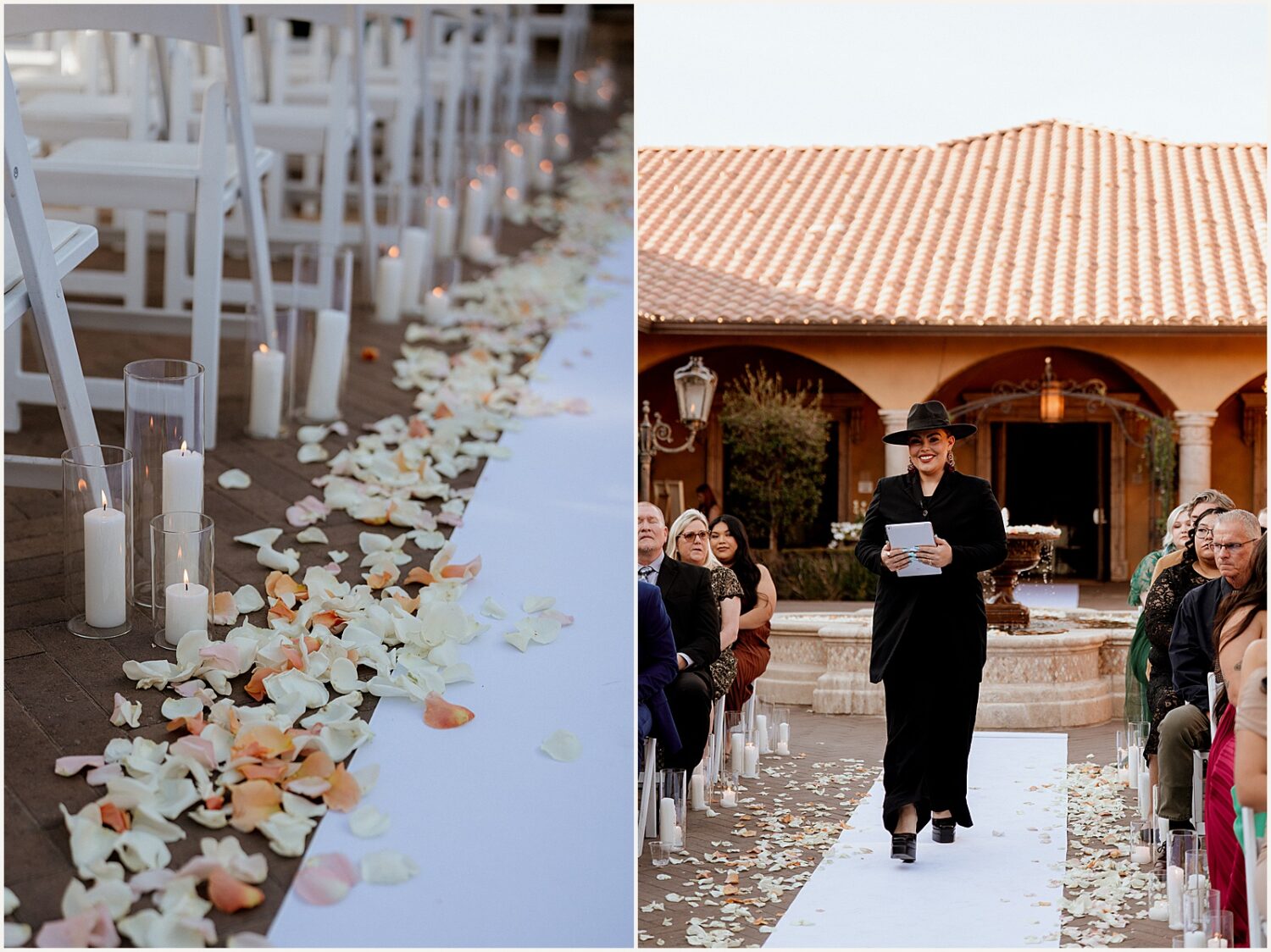 Rose petals line the aisle at an Arizona wedding venue.