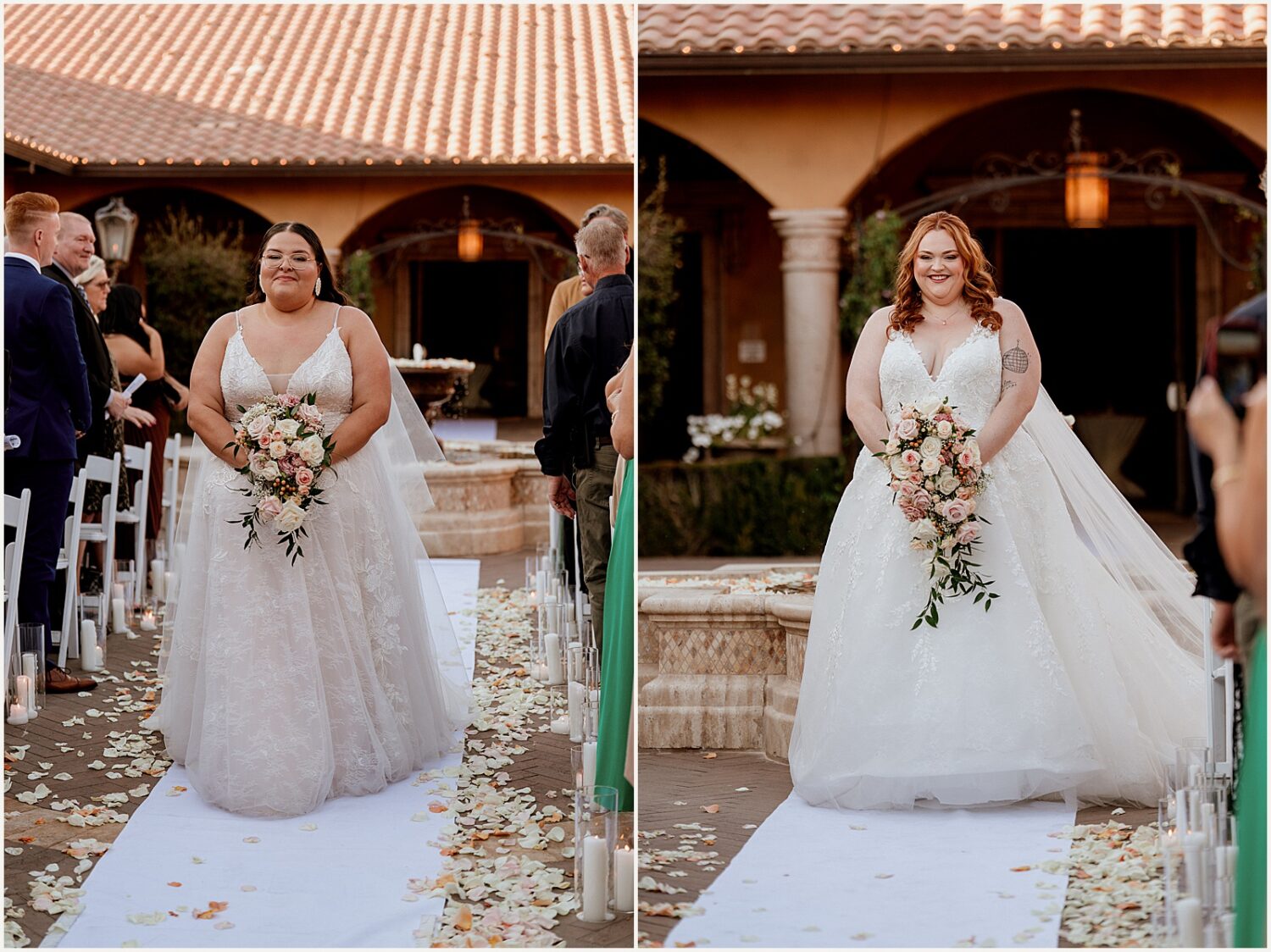 A bride carries a bouquet up the aisle at an Arizona wedding.