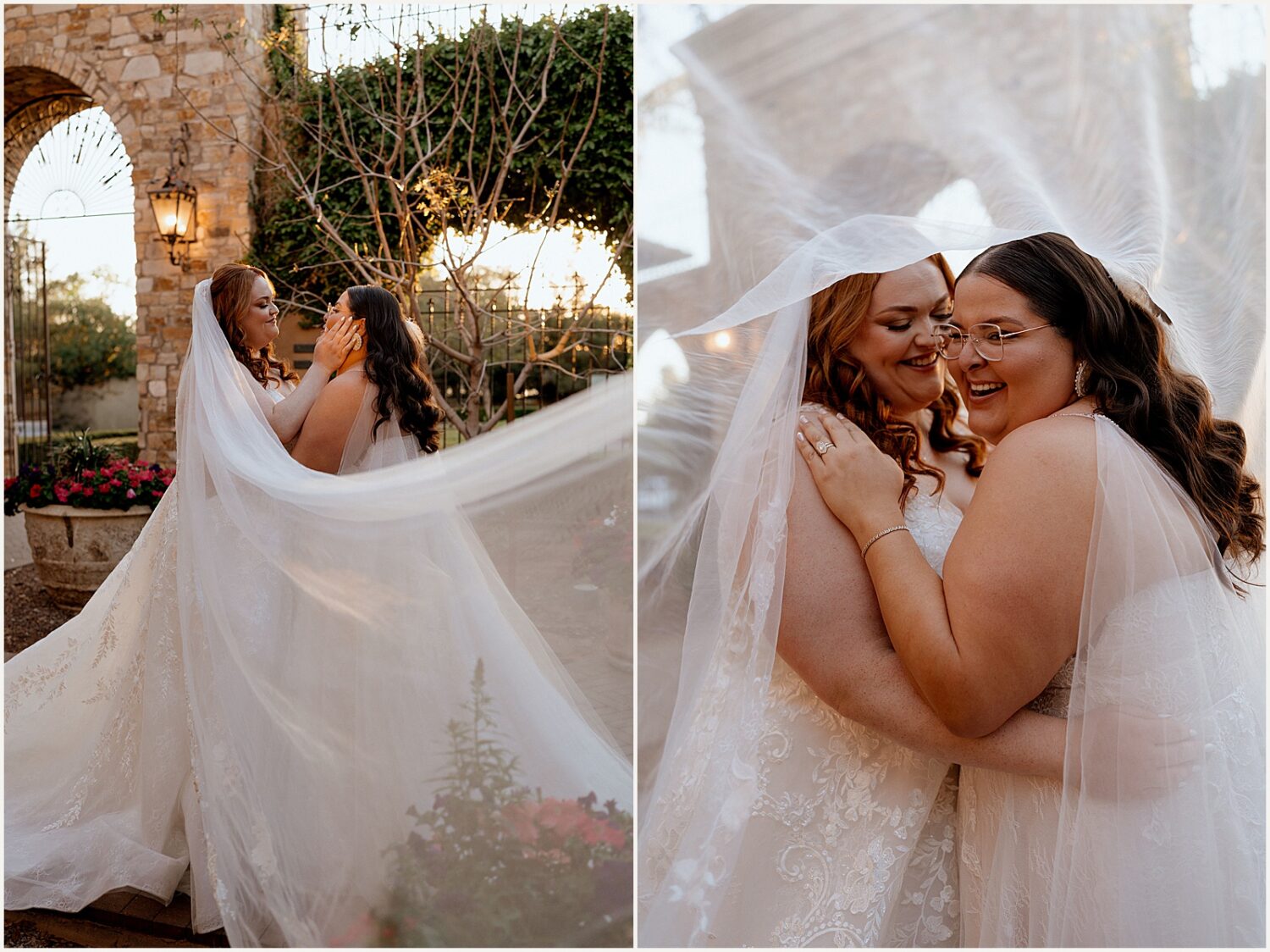 Two brides pose under a wedding veil for an Arizona wedding photographer.
