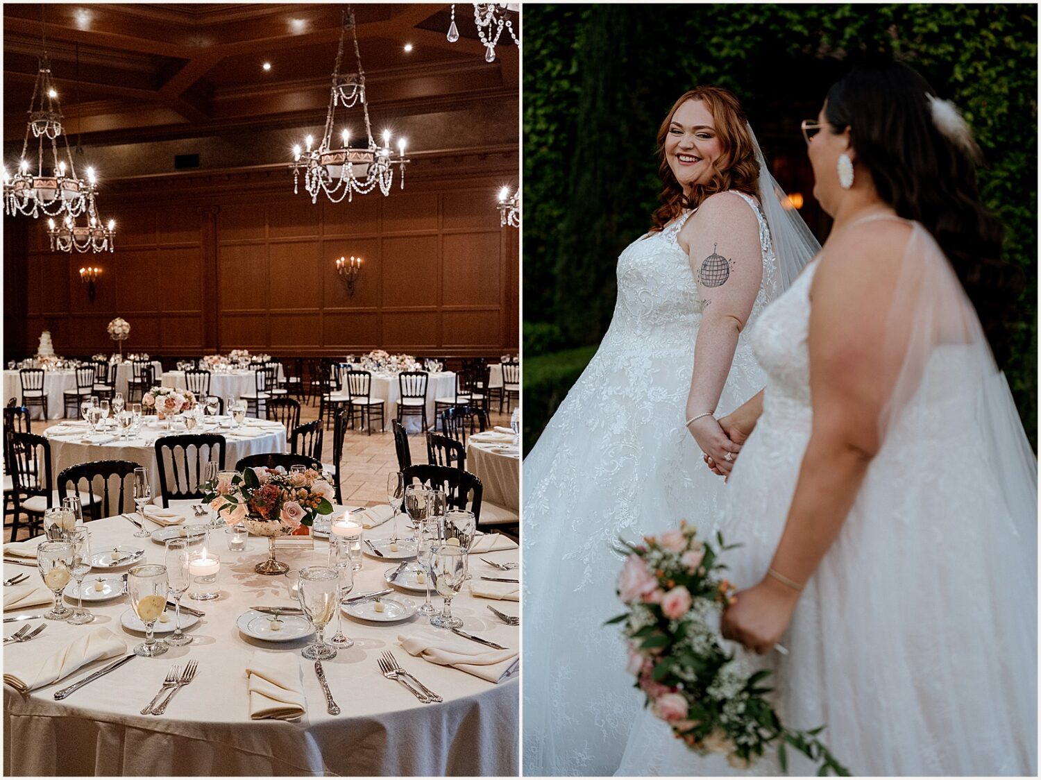 Two brides hold hands and walk towards their wedding reception.