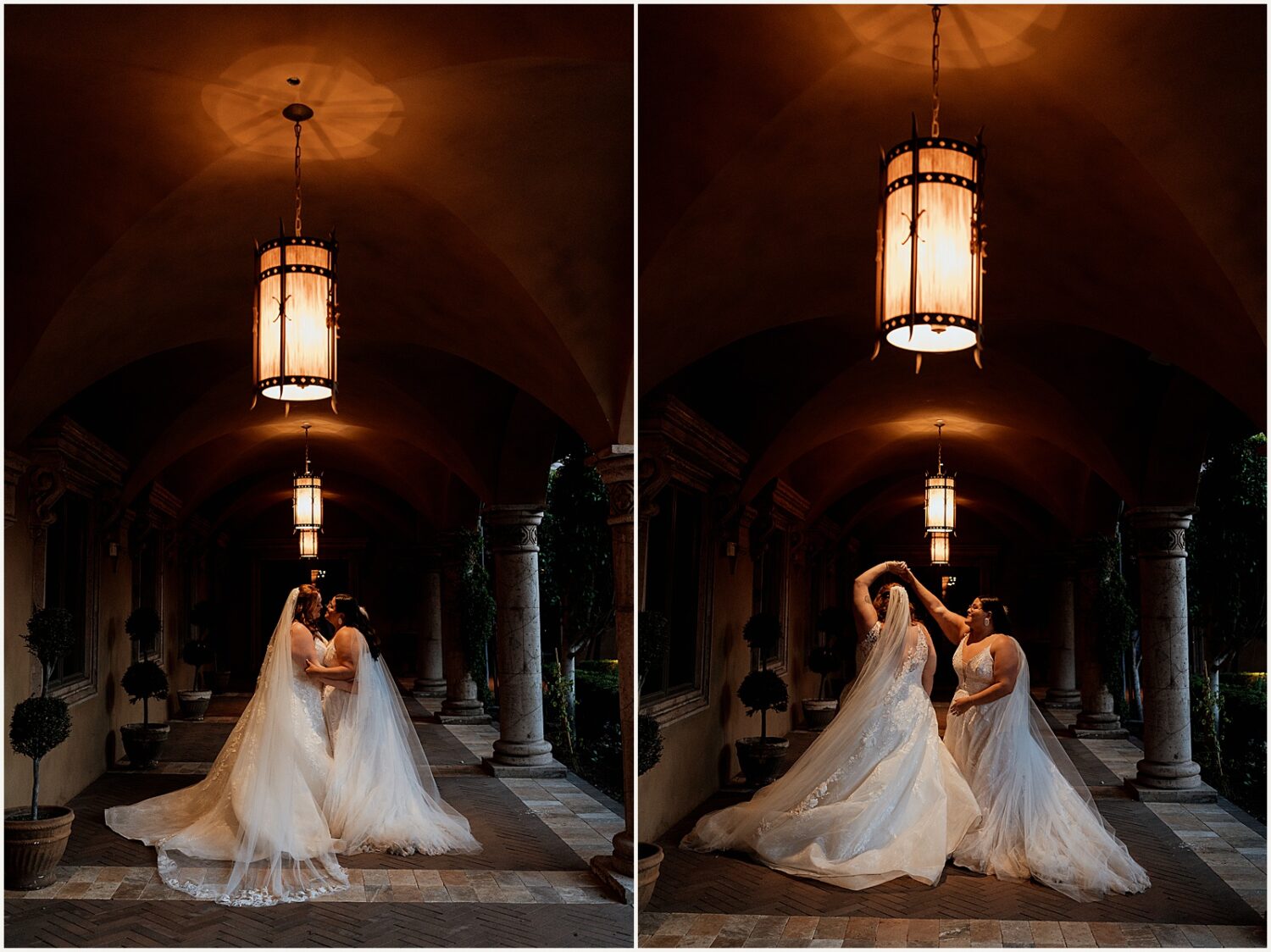 Two brides twirl in the hallway at Villa Siena Arizona.