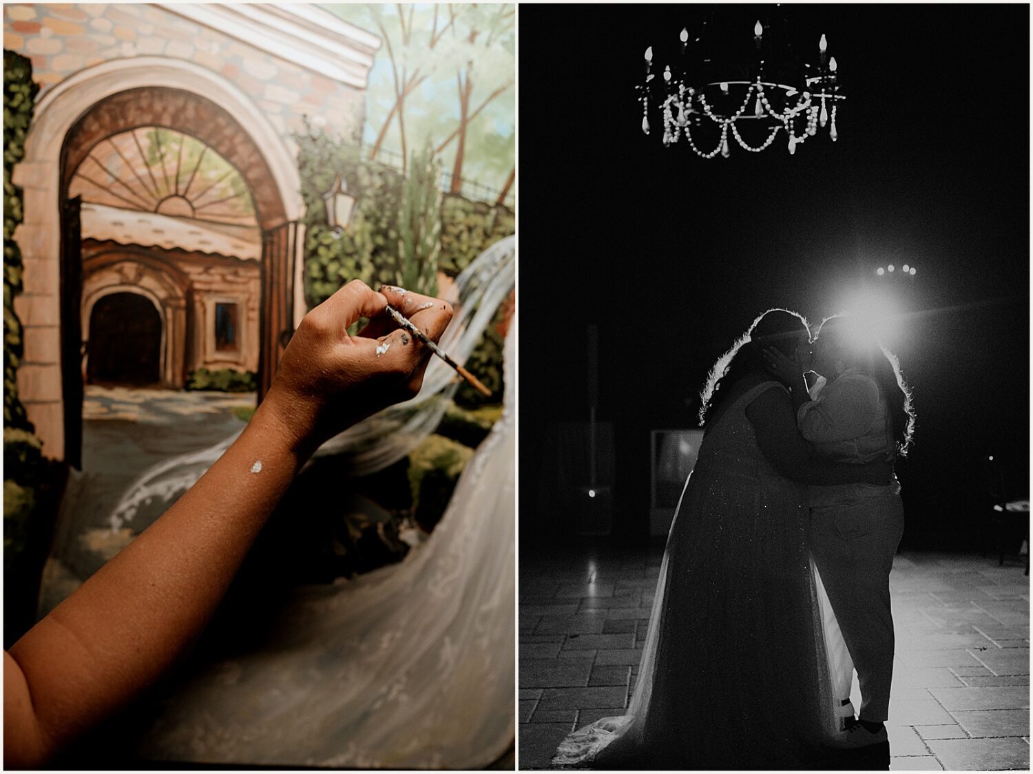 A wedding painter paints a portrait at Villa Siena Arizona.