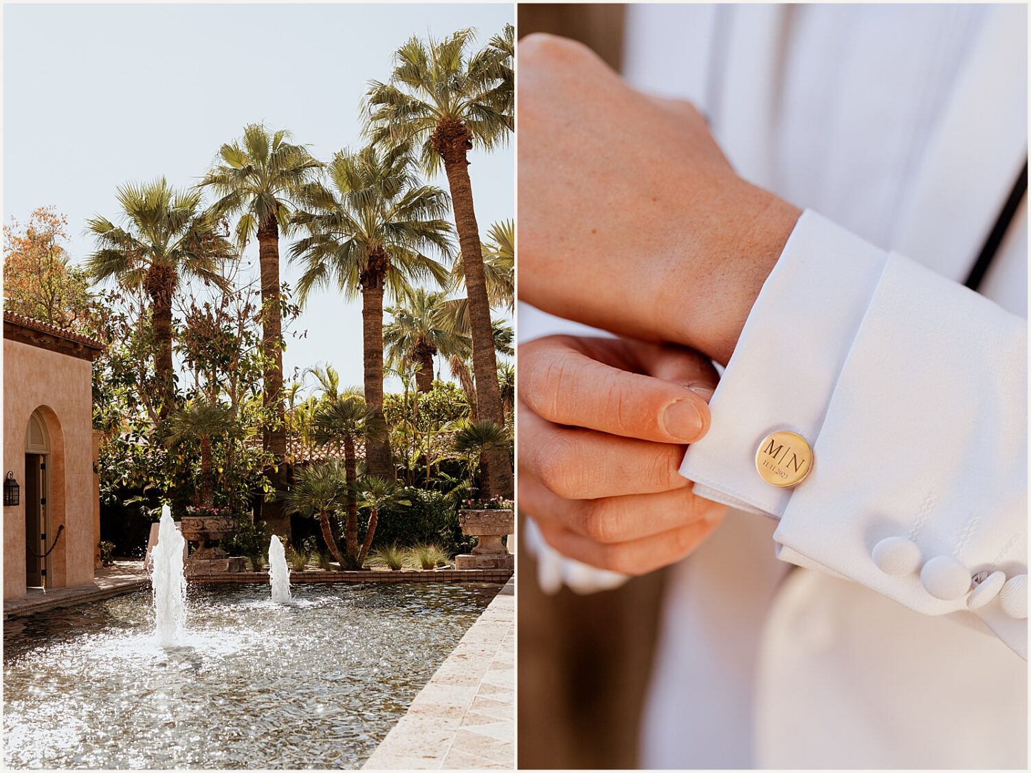 Fountains run in a pool at an Arizona wedding venue.