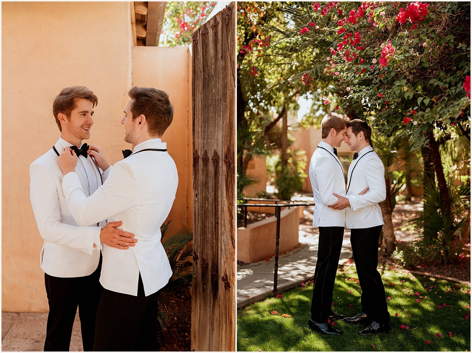 Two grooms embrace under a flowering tree at a Phoenix wedding venue.