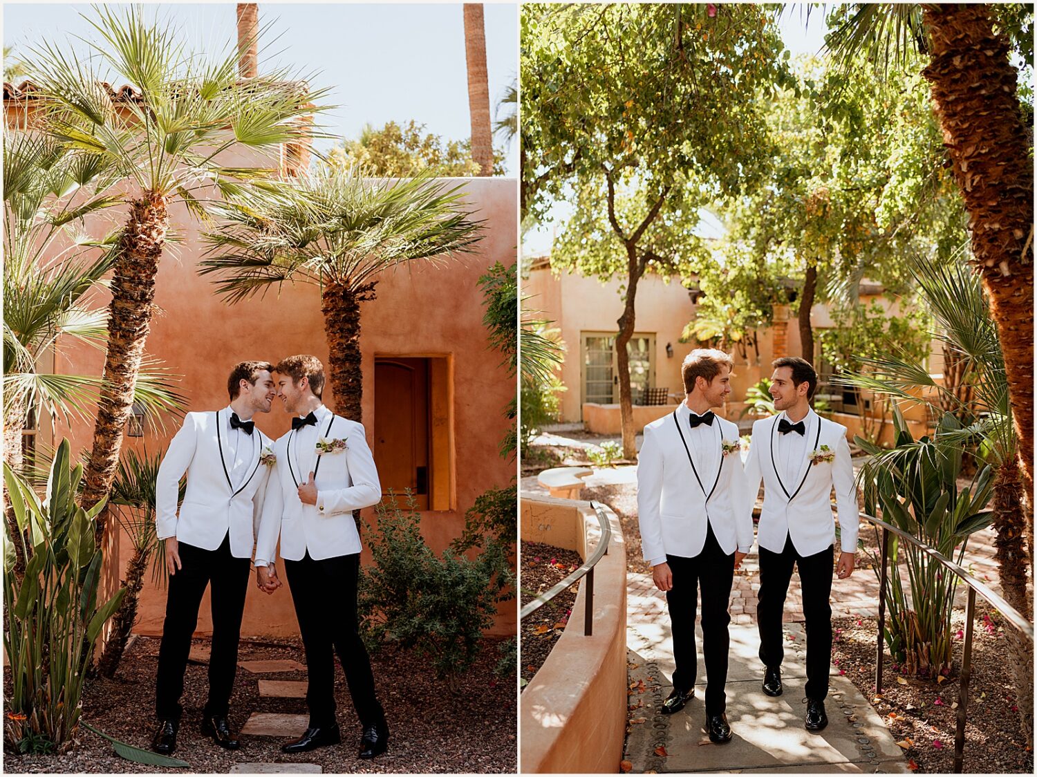 Two grooms hold hands as they walk down a shaded path.