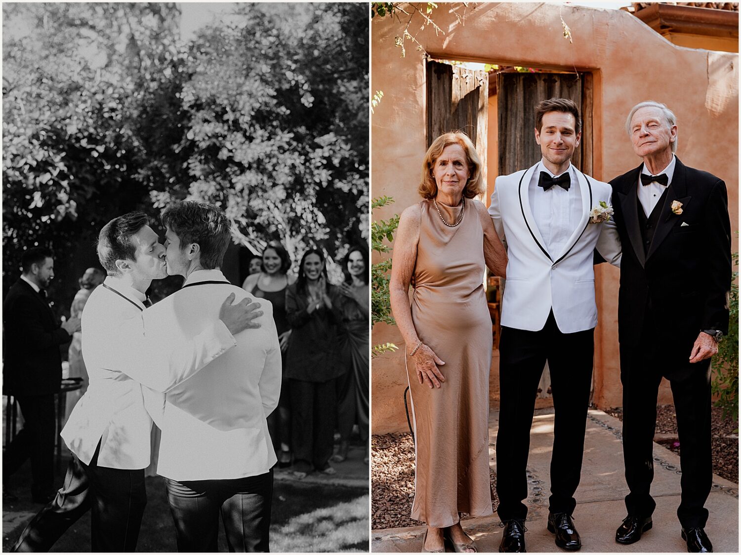 A groom stands between his parents.