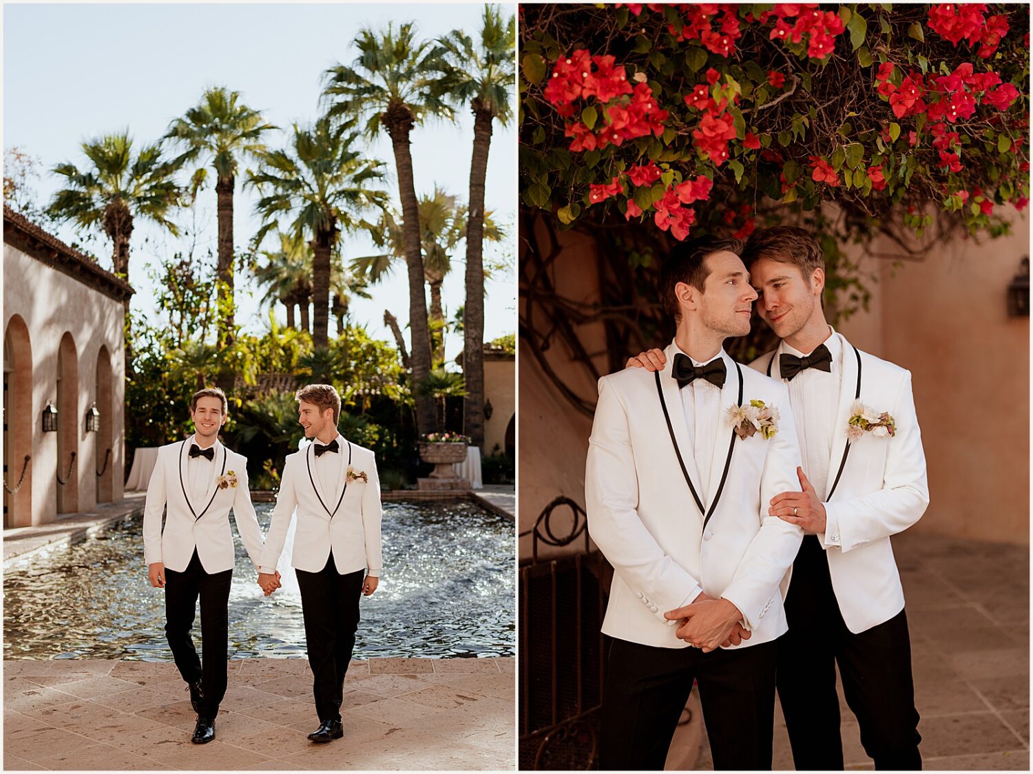 Two grooms hold hands and walk in front of the pool at the Royal Palms Arizona.