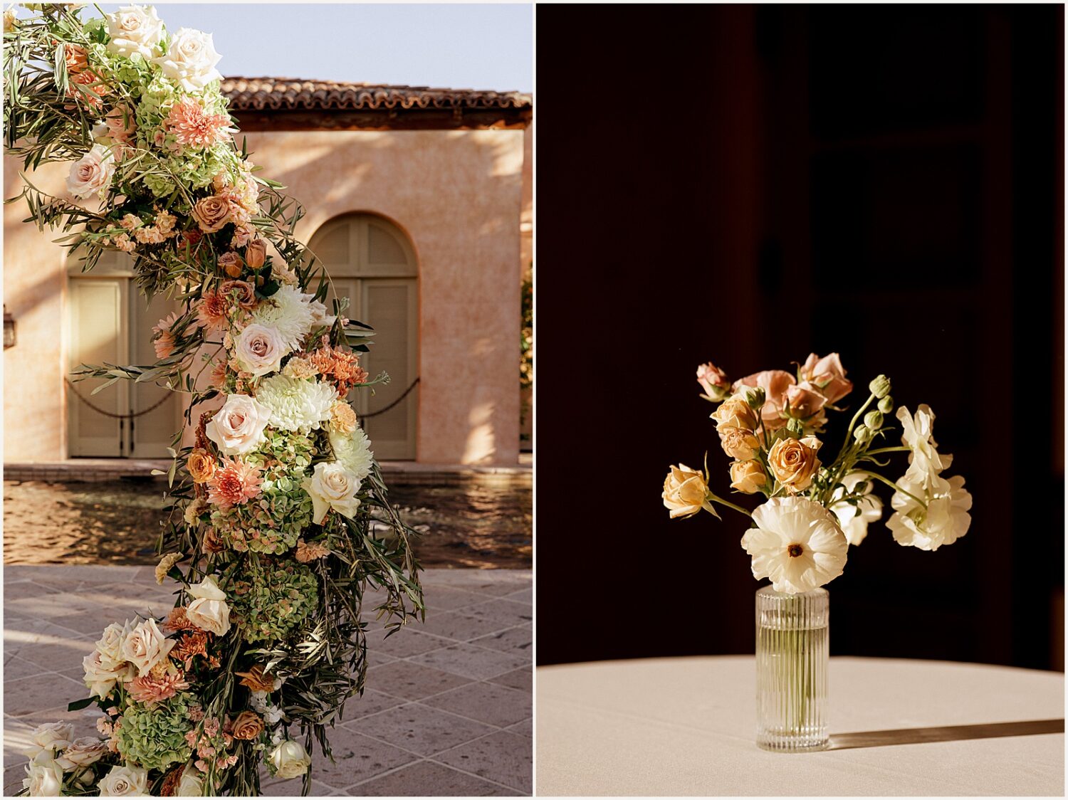 Sun shines on wedding florals at a Phoenix wedding.