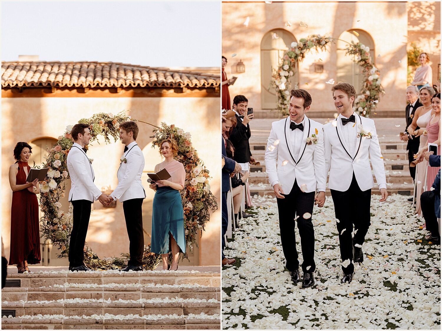 Two grooms hold hands as they walk their recessional at a Royal Palms wedding.