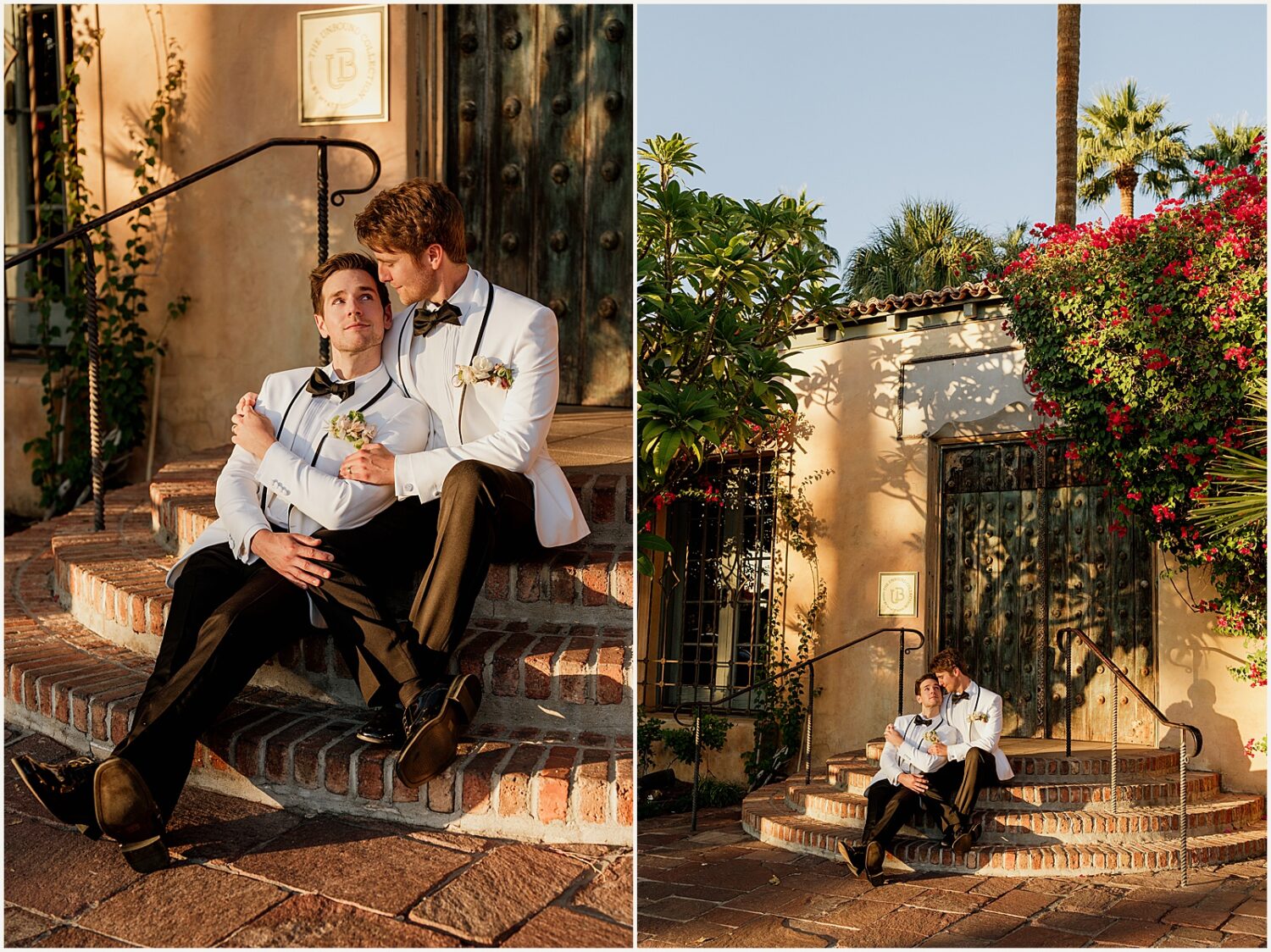 Two grooms sit on a courtyard staircase at Royal Palms Arizona.
