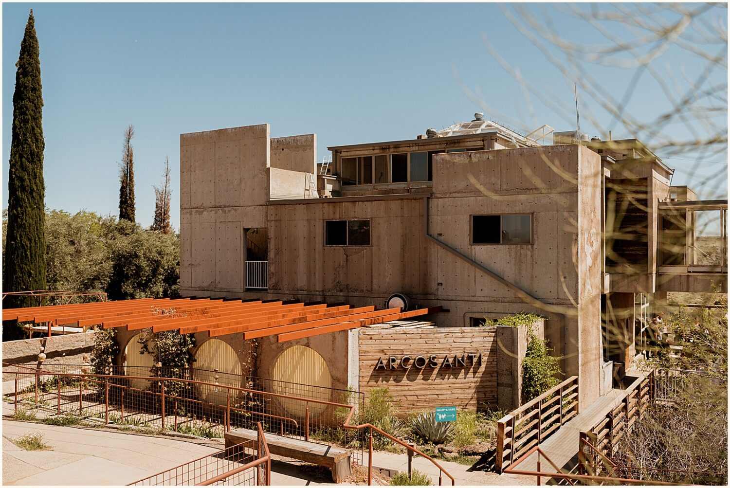 The sun shines on the Arcosanti wedding venue.