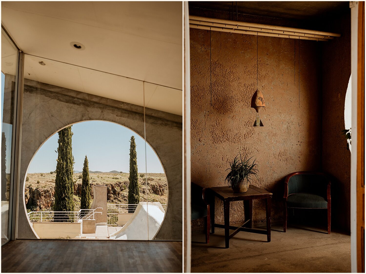 A potted plant sits on an end table inside Arcosanti.
