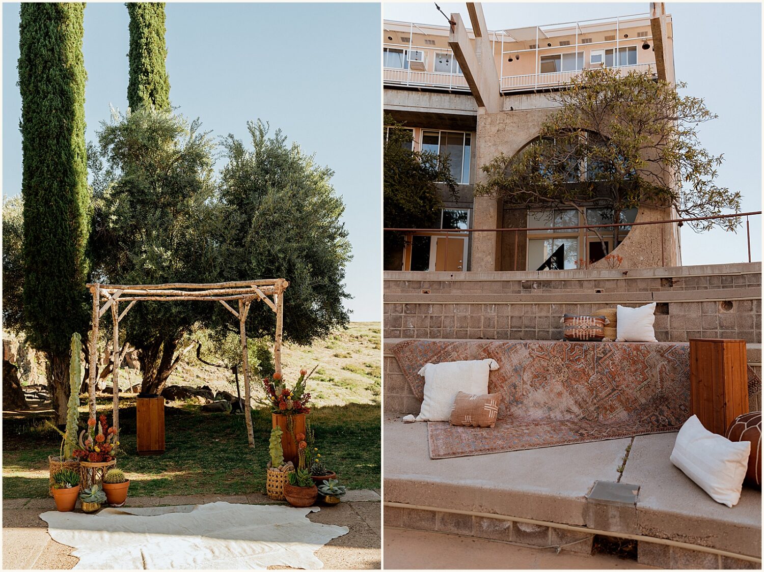 A chuppah stands beneath a tree in a yard at Arcosanti.