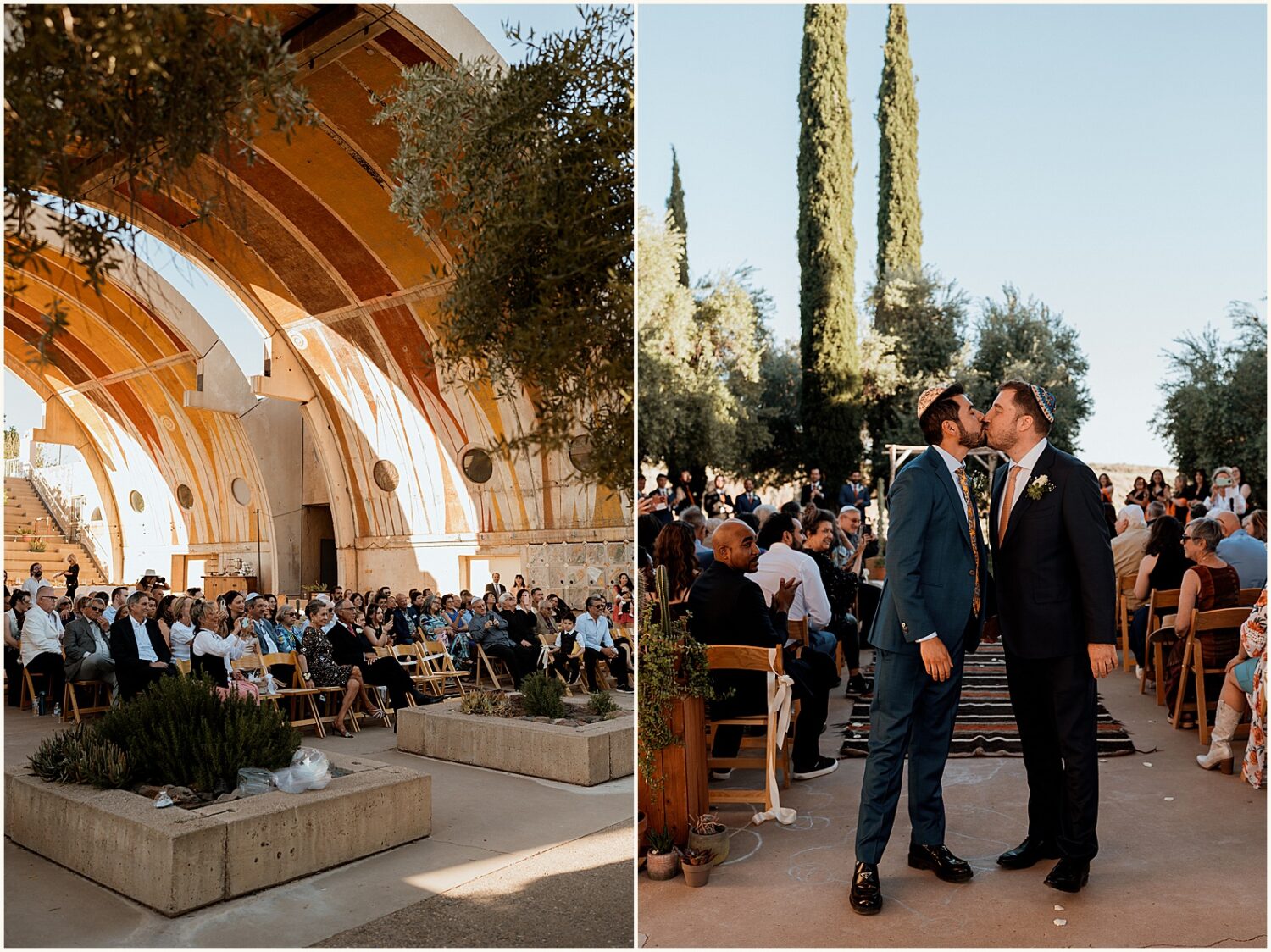 Two grooms kiss during their recessional at an Arcosanti wedding.