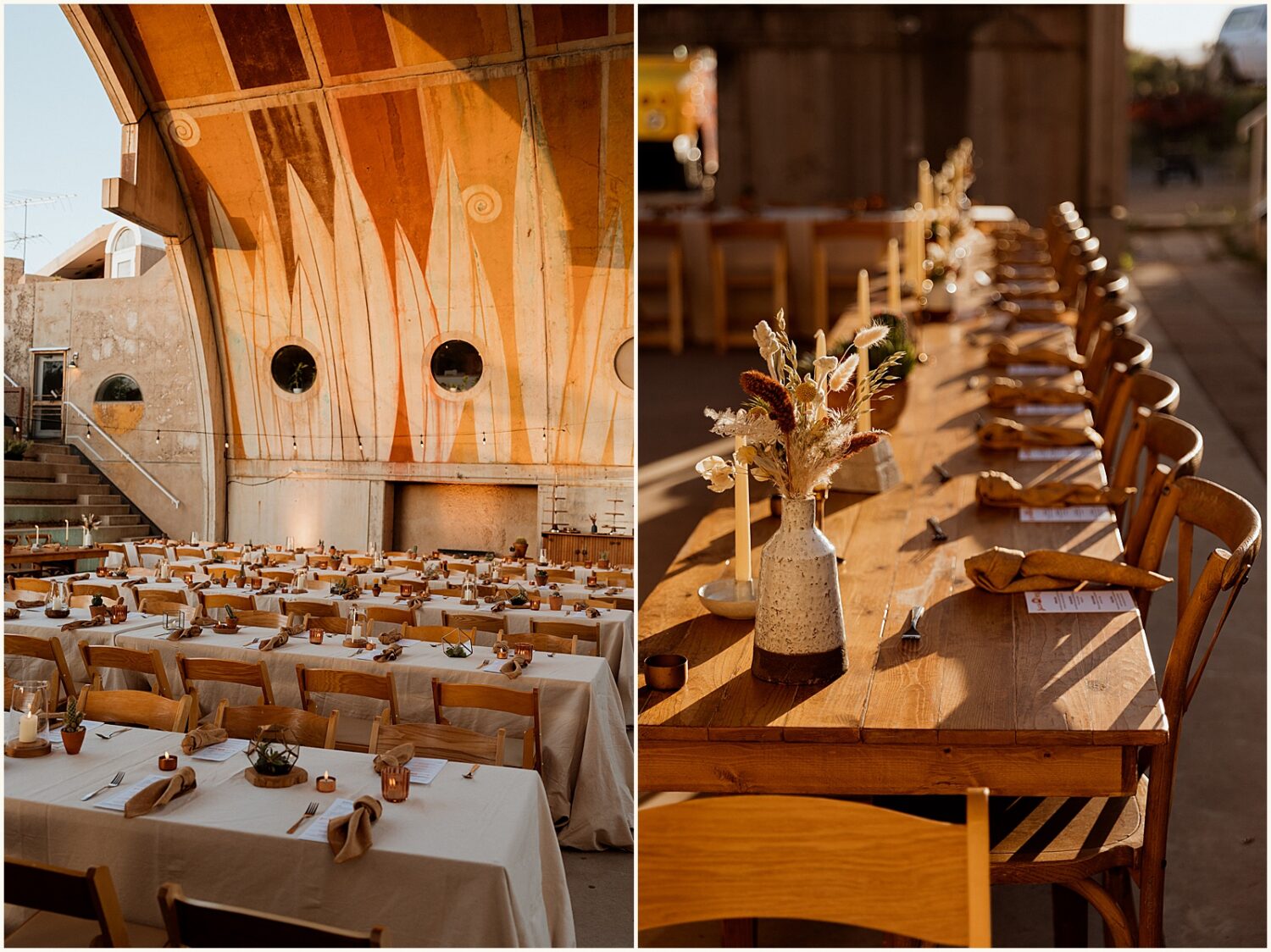 Long reception tables are decorated for an outdoor wedding at Arcosanti.