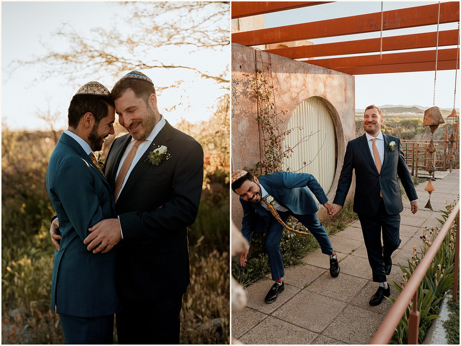 Two grooms in kippot hold hands and laugh.