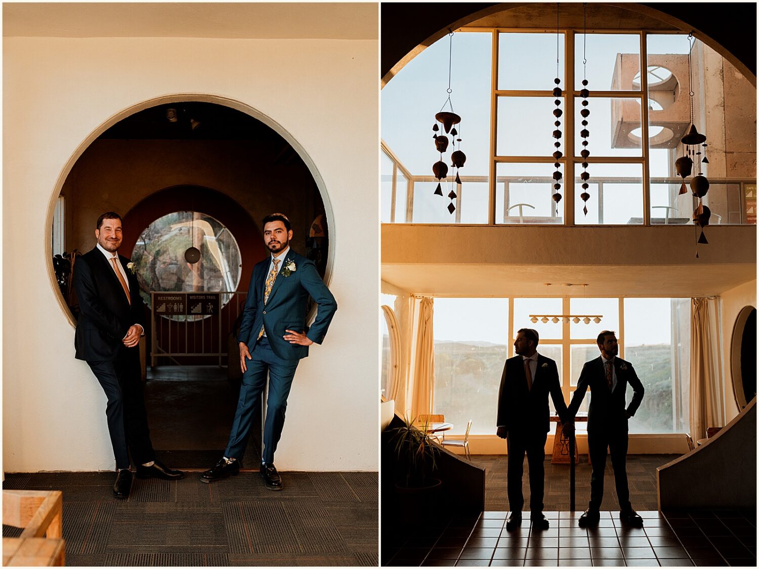 Two grooms pose for an Arizona wedding photographer at Arcosanti.