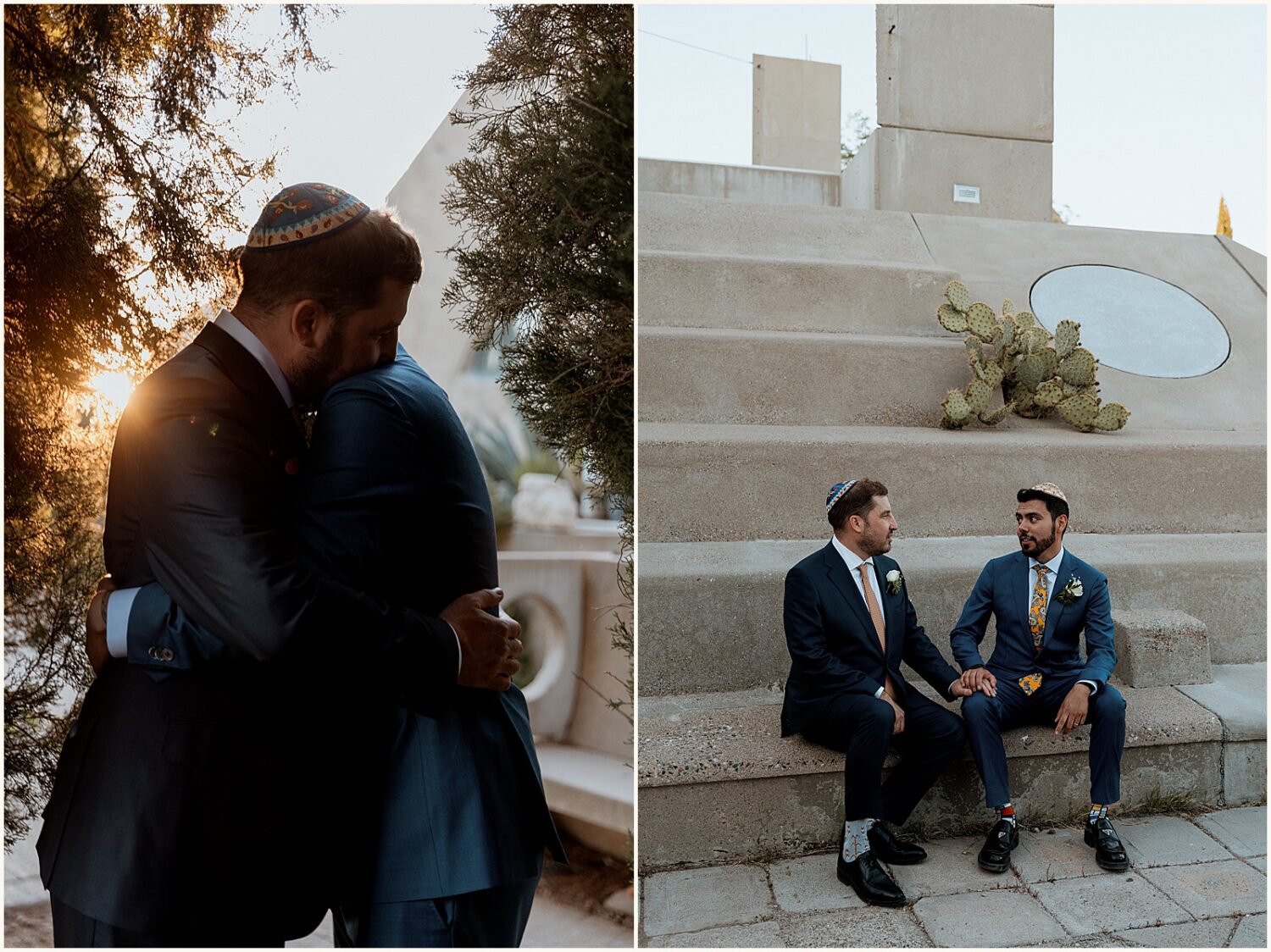 Two grooms hold hands on the steps of an Arizona wedding venue.