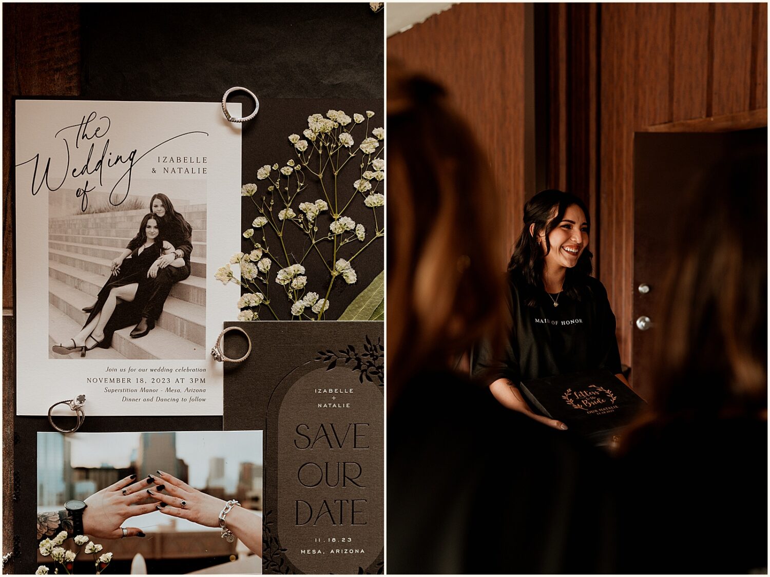 An invitation suite sits in a getting ready room at an Arizona wedding venue.