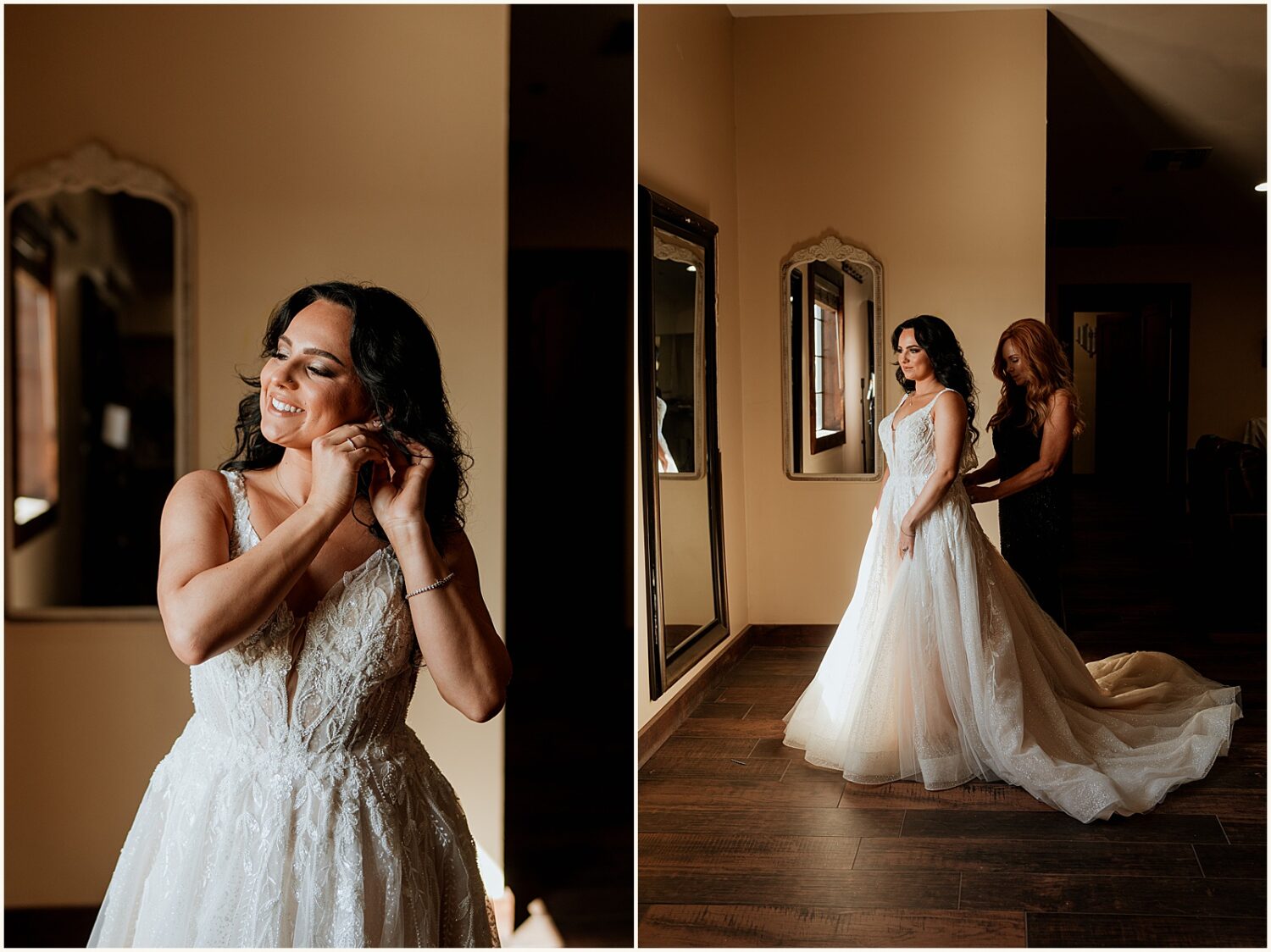 A bride's mother fastens her wedding dress inside Superstition Manor.