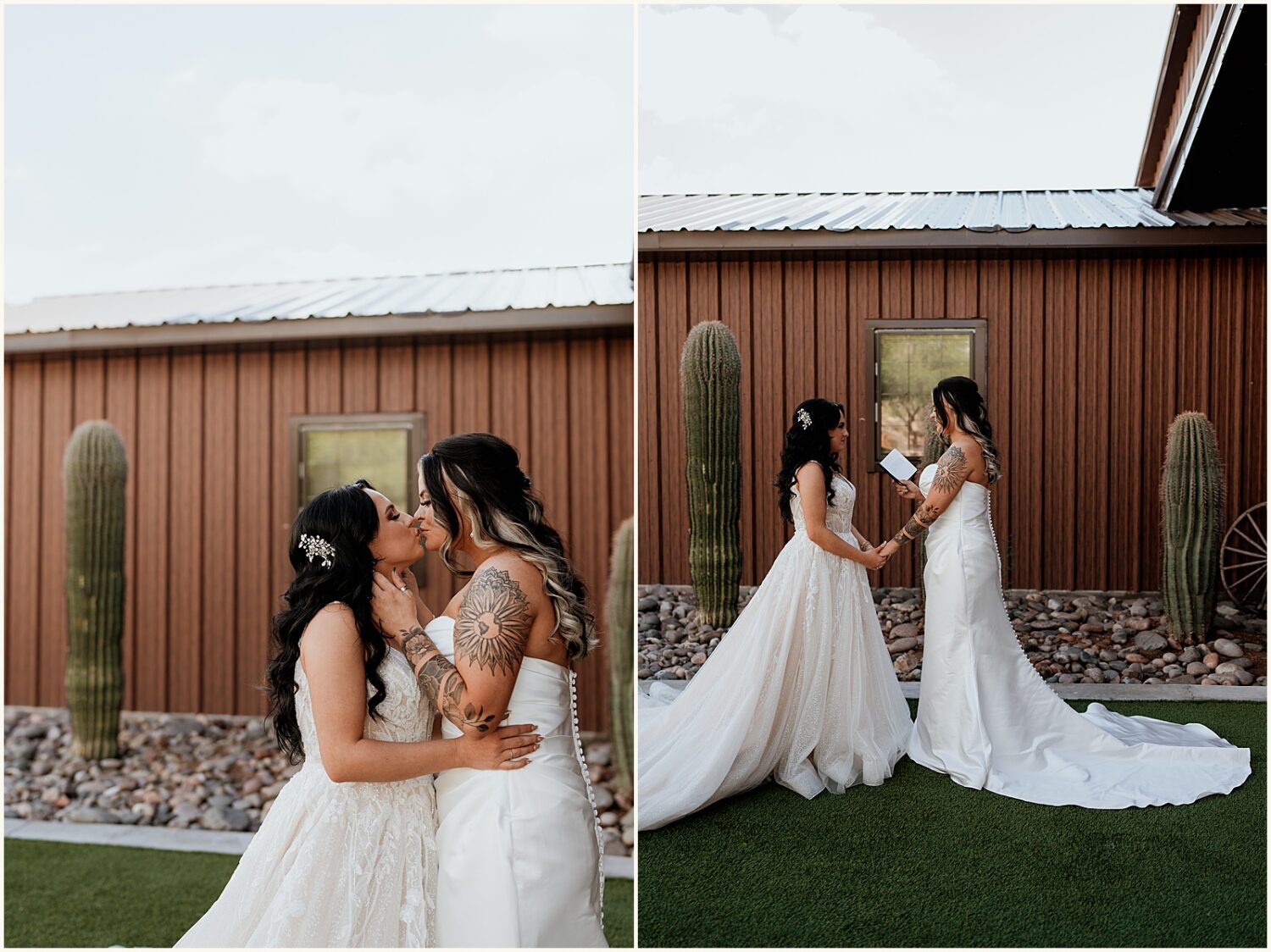 Brides exchange private vows in a courtyard at Superstition Manor.