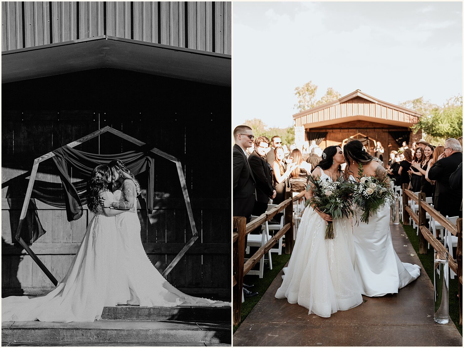 Two brides kiss as they walk their recessional at their Superstition Manor wedding.