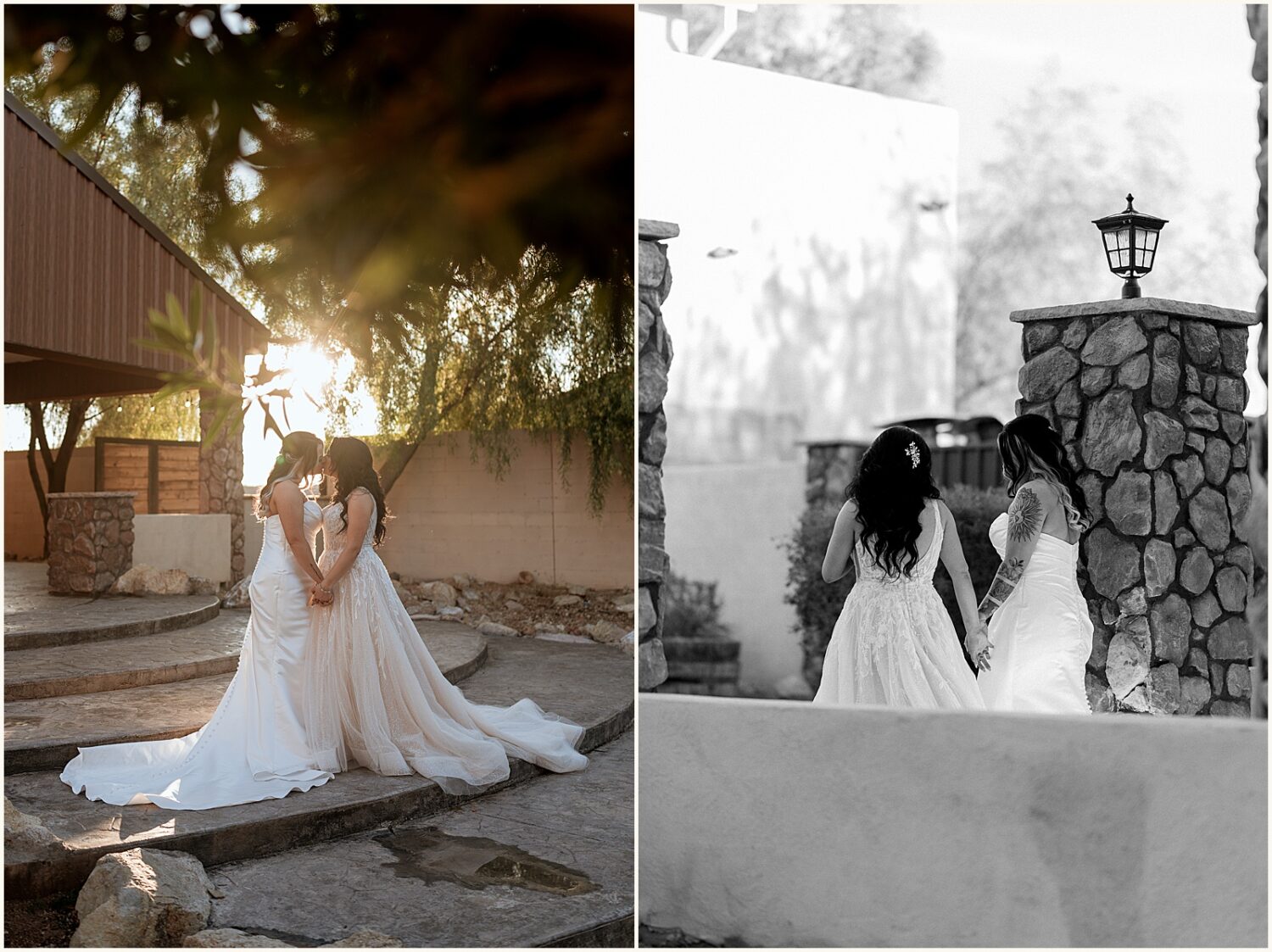 Two brides hold hands and walk through Superstition Manor.
