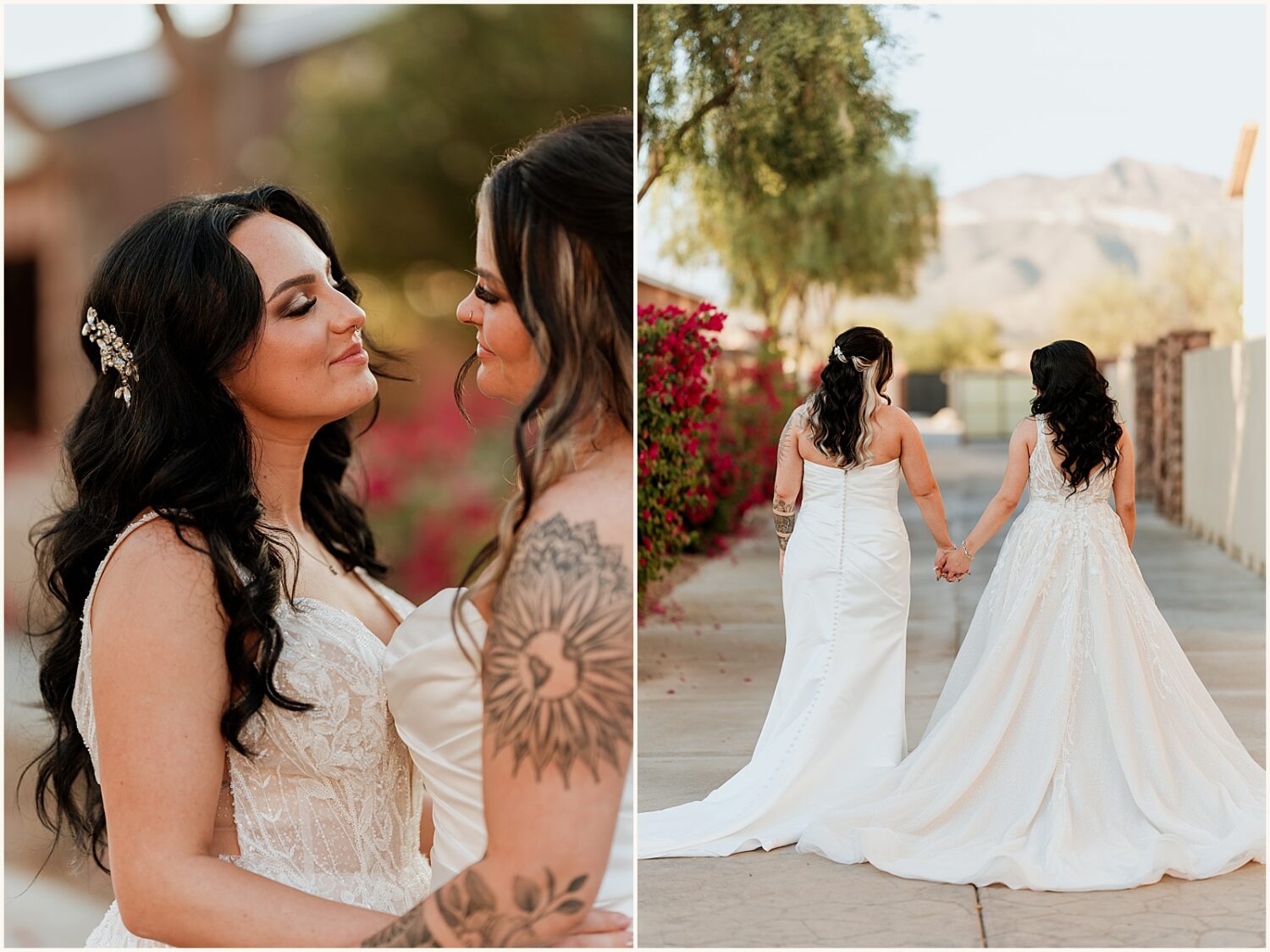 Two brides hold hands and walk through an Arizona wedding venue.